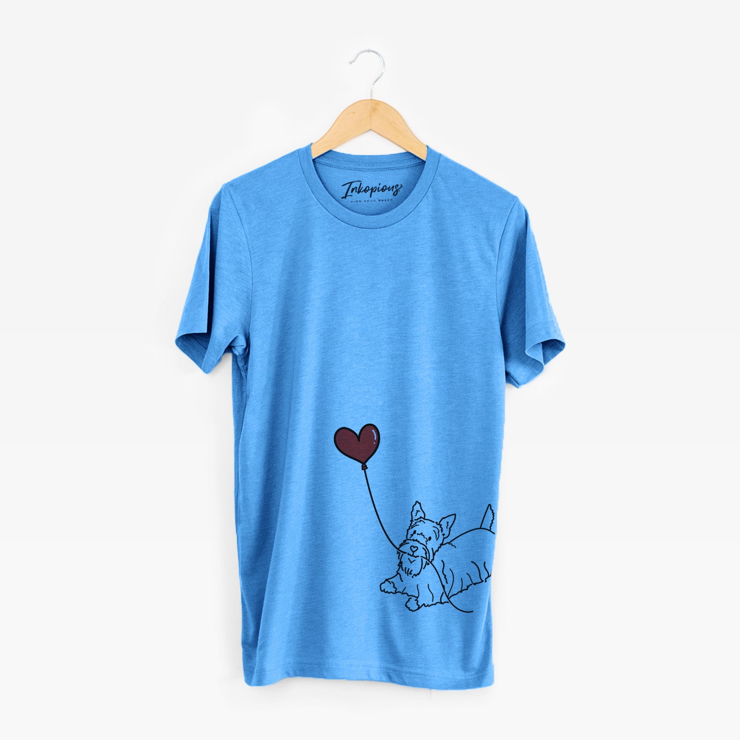 Minimalist line drawing of a Scottish Terrier Heart String holding a heart balloon on a Blue Unisex crewneck