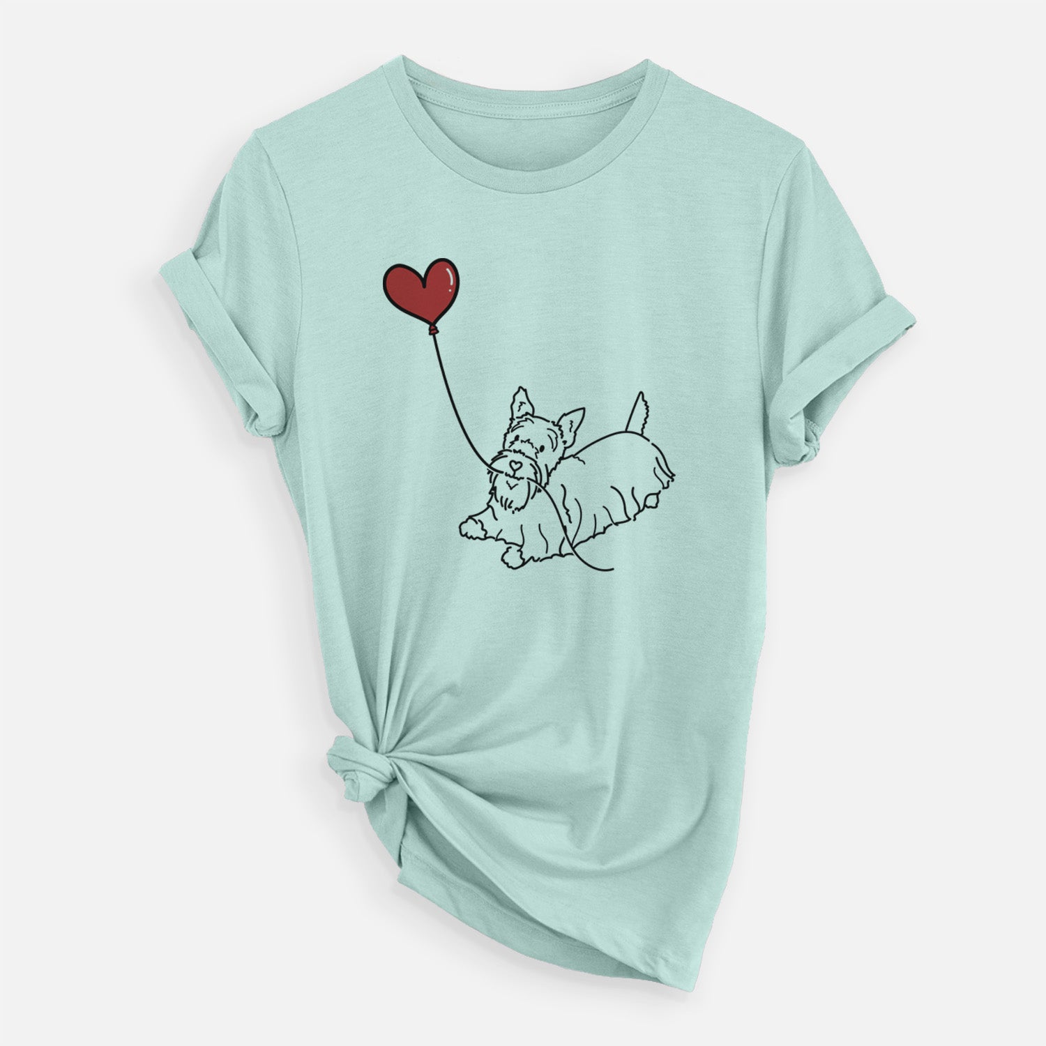 Minimalist line drawing of a Scottish Terrier Heart String holding a heart balloon on a Heather Sage Unisex crewneck
