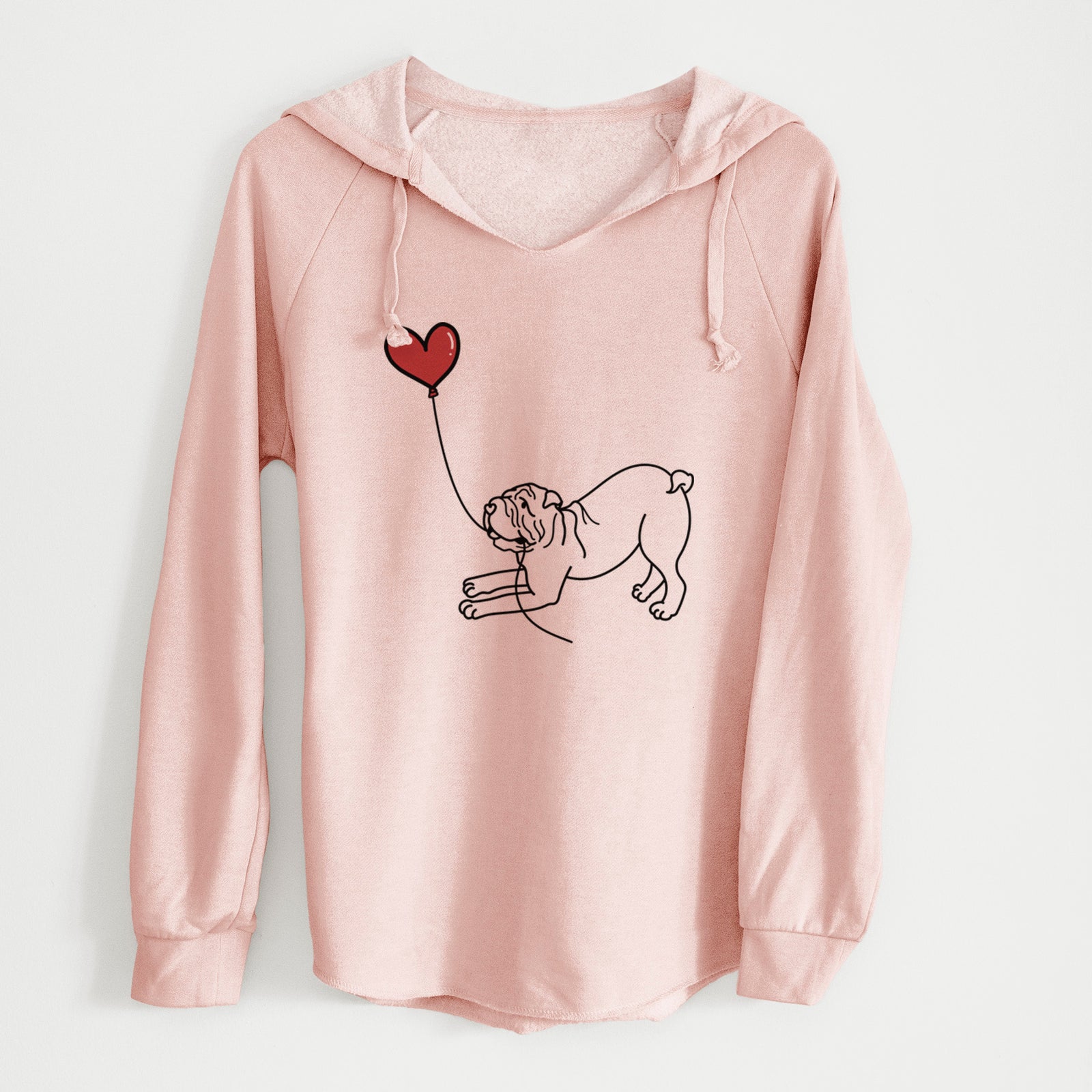 Minimalist line drawing of a Shar Pei Heart String holding a heart balloon on a Blush Cali Wave Hooded Sweatshirt