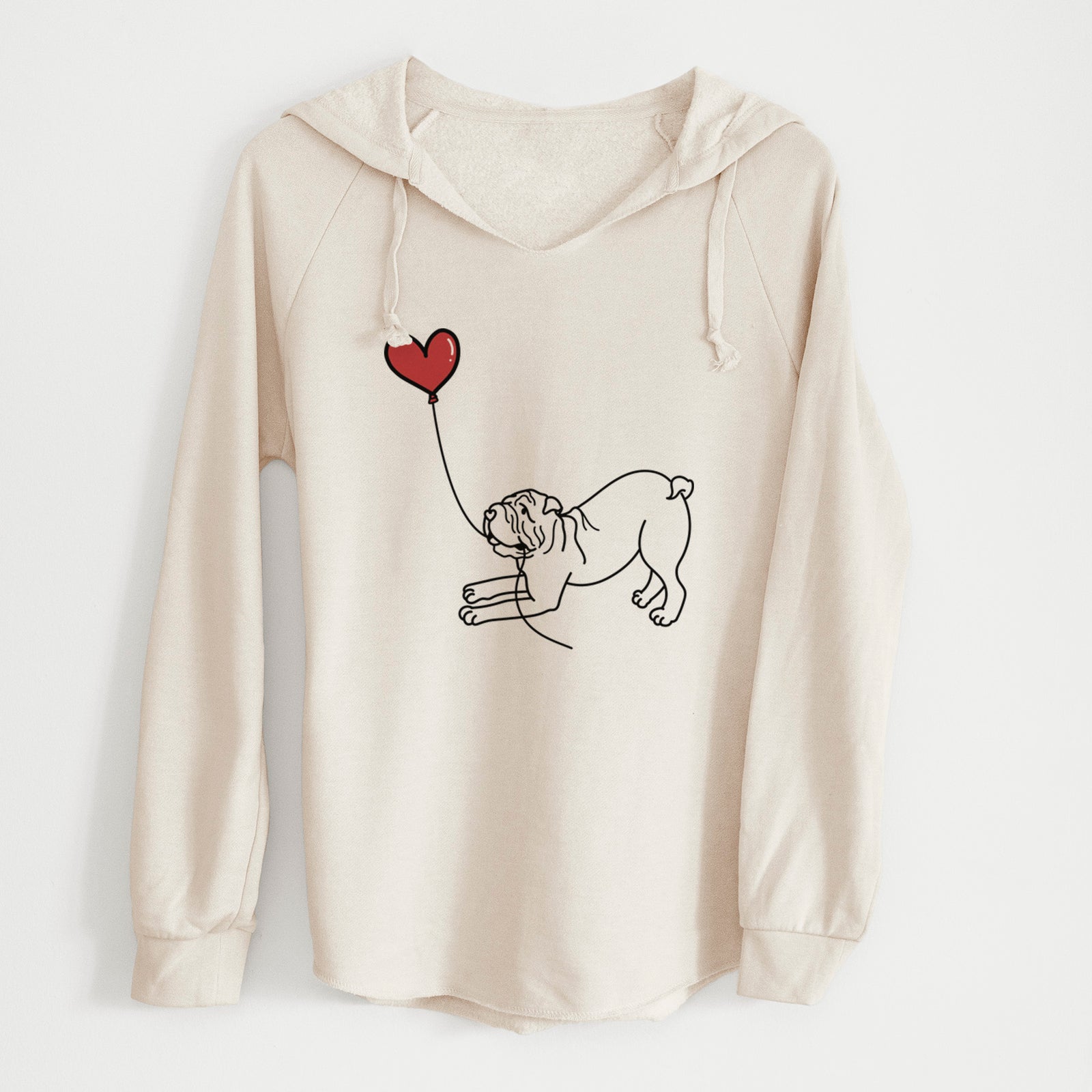 Minimalist line drawing of a Shar Pei Heart String holding a heart balloon on a Bone Cali Wave Hooded Sweatshirt