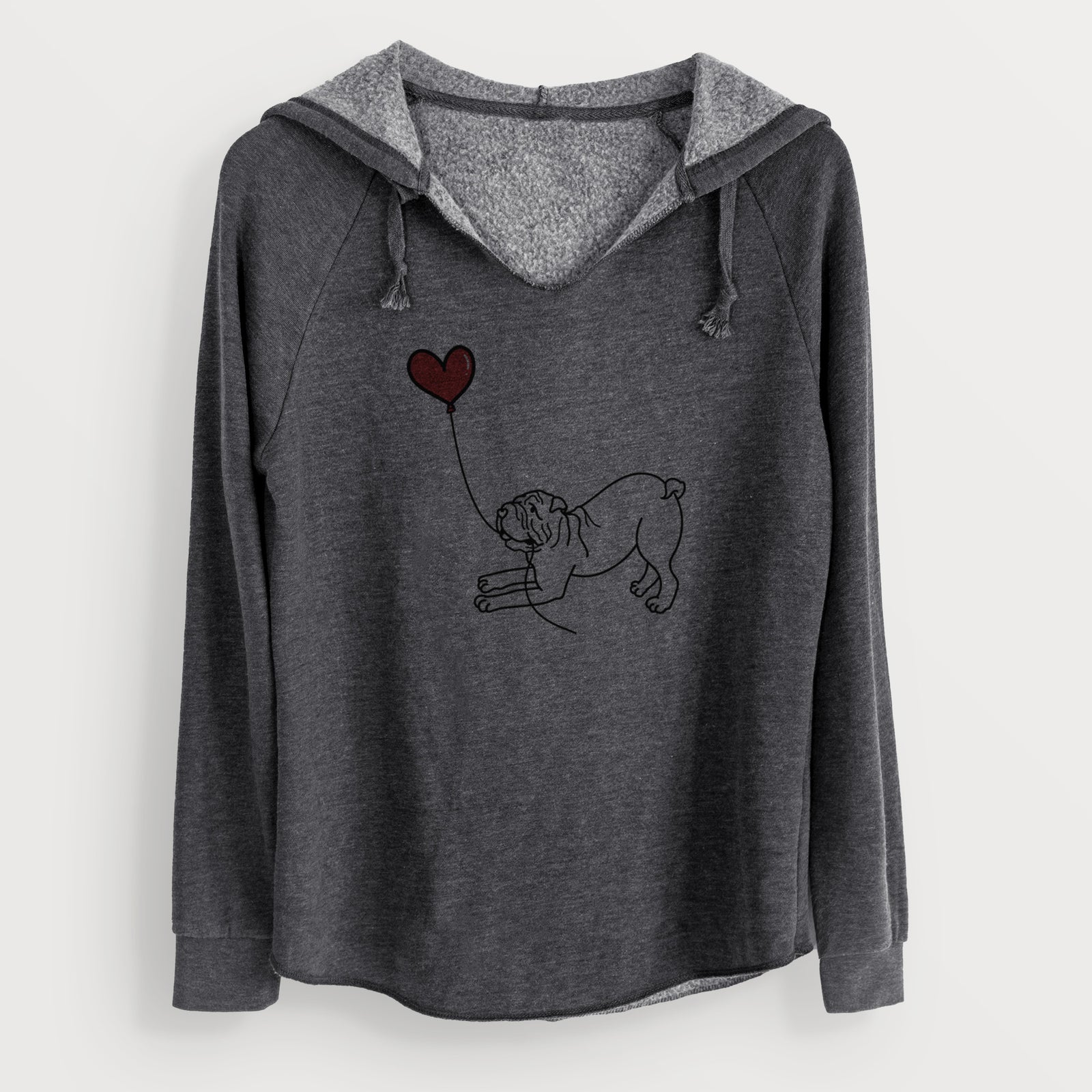Minimalist line drawing of a Shar Pei Heart String holding a heart balloon on a Charcoal Cali Wave Hooded Sweatshirt