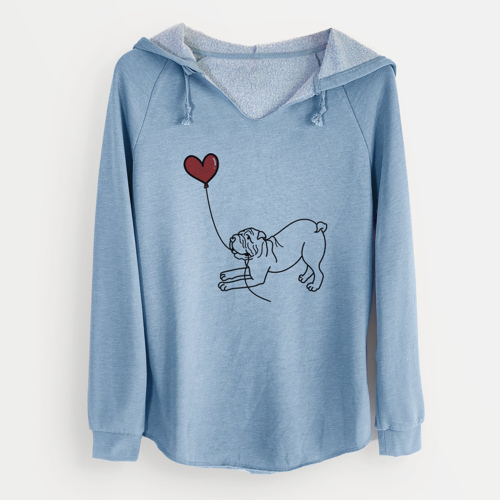 Minimalist line drawing of a Shar Pei Heart String holding a heart balloon on a Misty Blue Cali Wave Hooded Sweatshirt