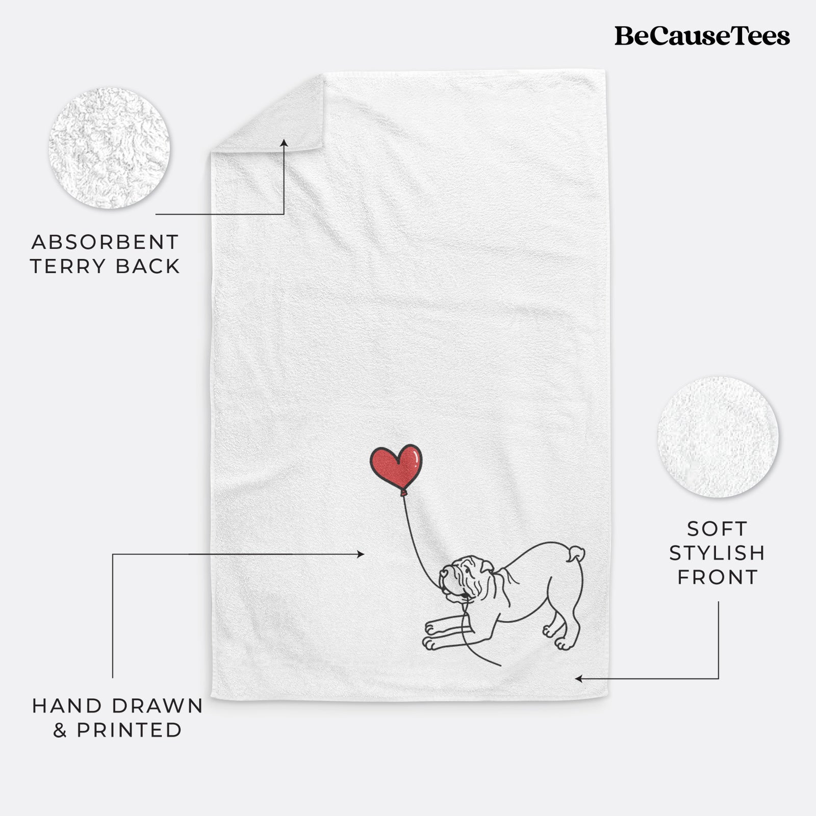 Minimalist line drawing of a Shar Pei Heart String holding a heart balloon on a decorative hand towel