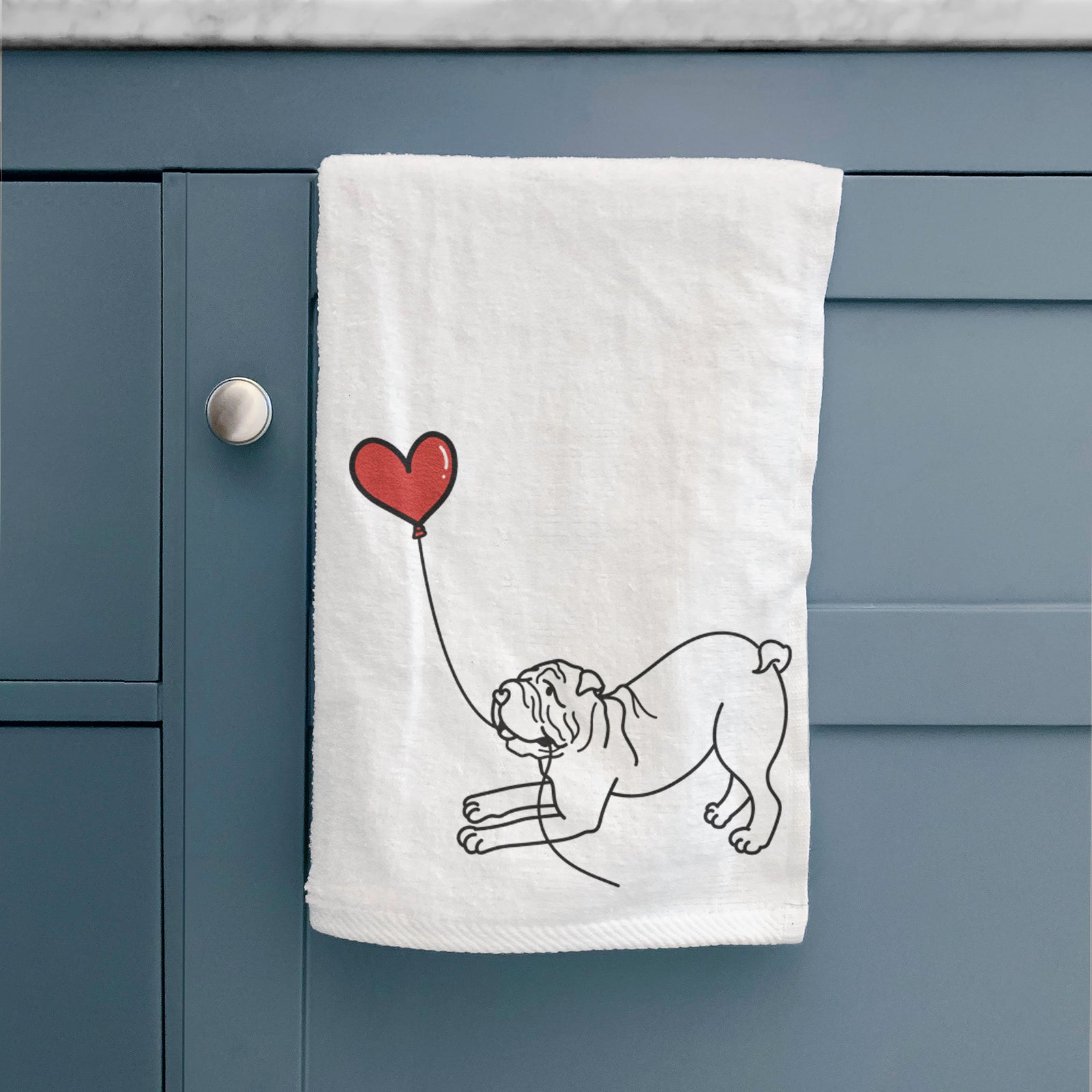Minimalist line drawing of a Shar Pei Heart String holding a heart balloon on a decorative hand towel