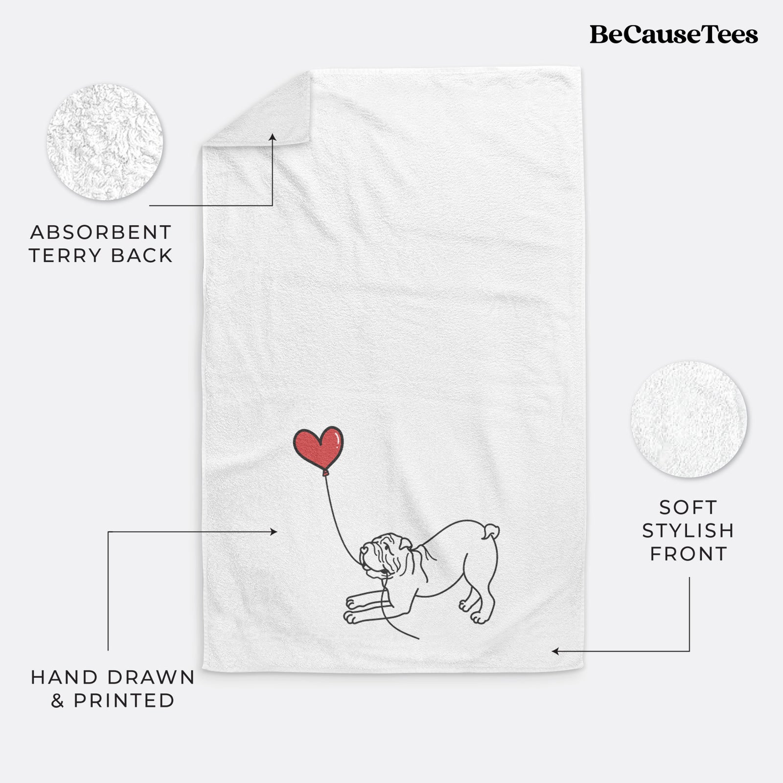 Minimalist line drawing of a Shar Pei Heart String holding a heart balloon on a decorative hand towel