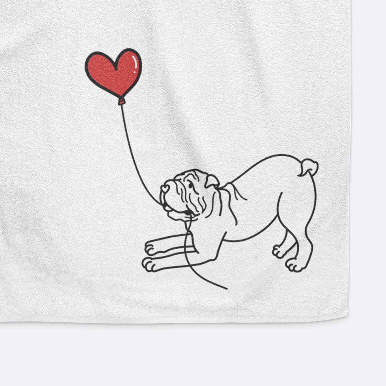 Minimalist line drawing of a Shar Pei Heart String holding a heart balloon on a decorative hand towel