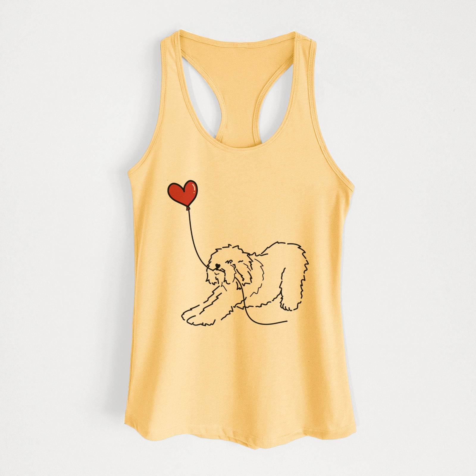 Minimalist line drawing of an Old English Sheepdog Heart String holding a heart balloon on a Banana Cream Women's racerback tanktop