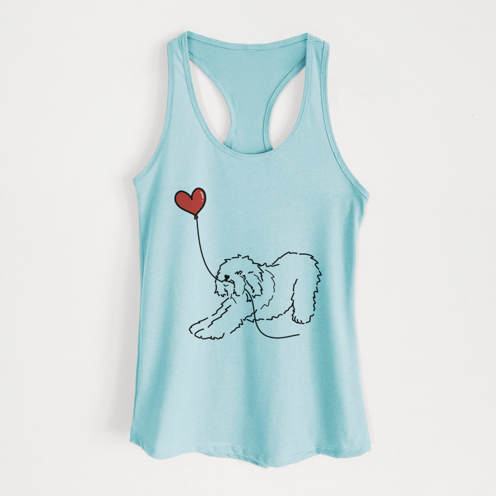 Minimalist line drawing of an Old English Sheepdog Heart String holding a heart balloon on a Cancun Blue Women's racerback tanktop