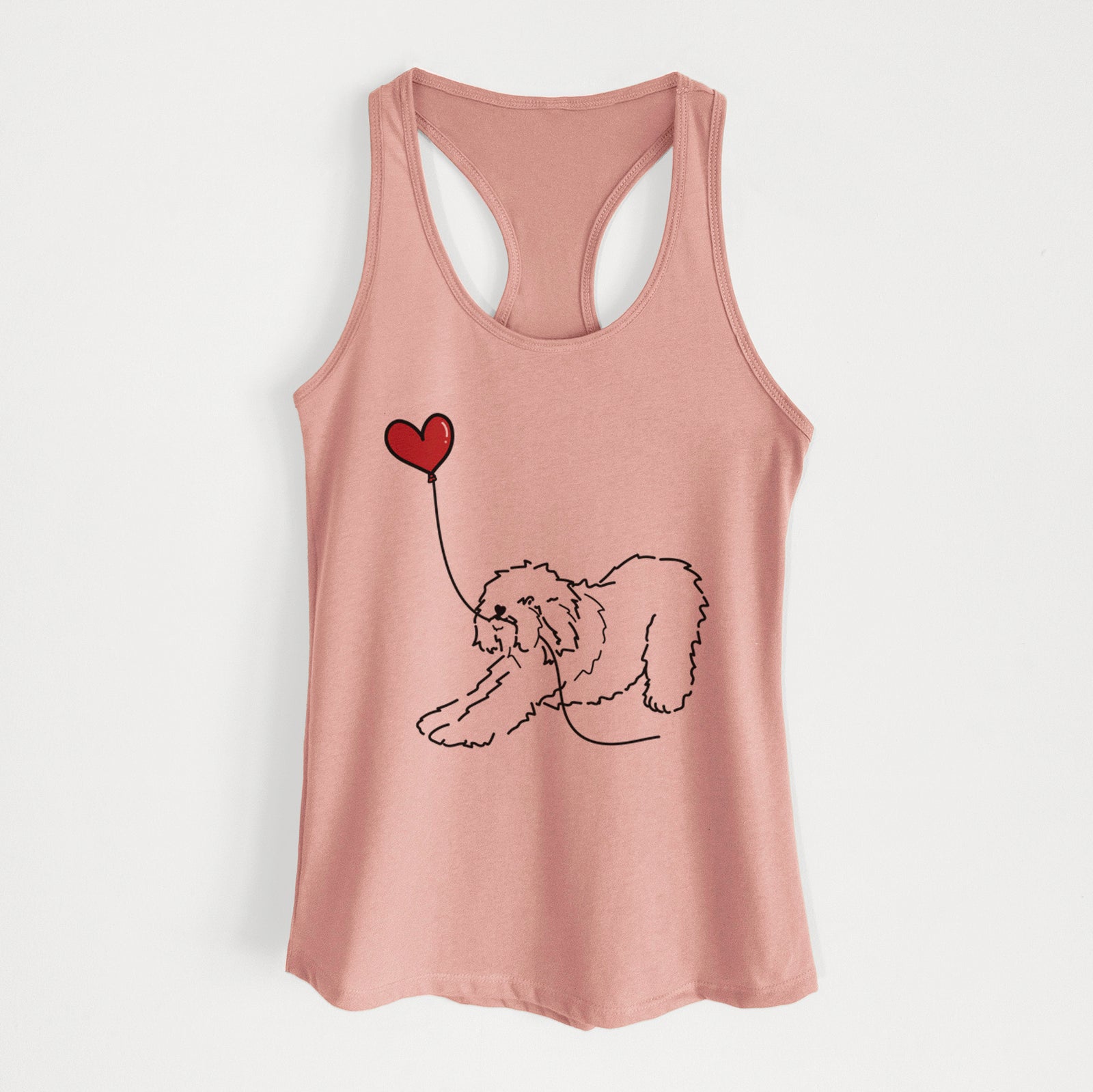 Minimalist line drawing of an Old English Sheepdog Heart String holding a heart balloon on a Desert Pink Women's racerback tanktop