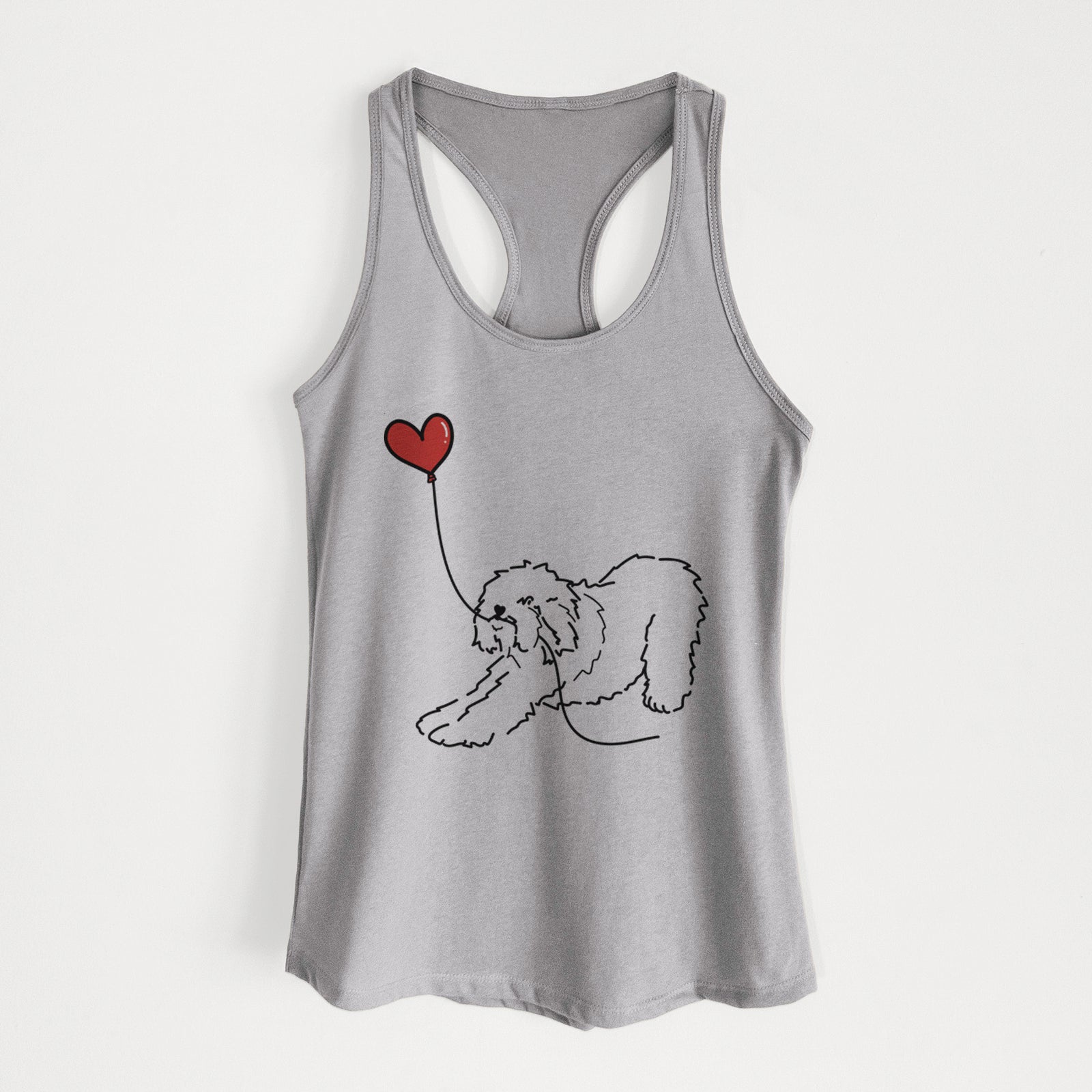 Minimalist line drawing of an Old English Sheepdog Heart String holding a heart balloon on a Heather Grey Women's racerback tanktop