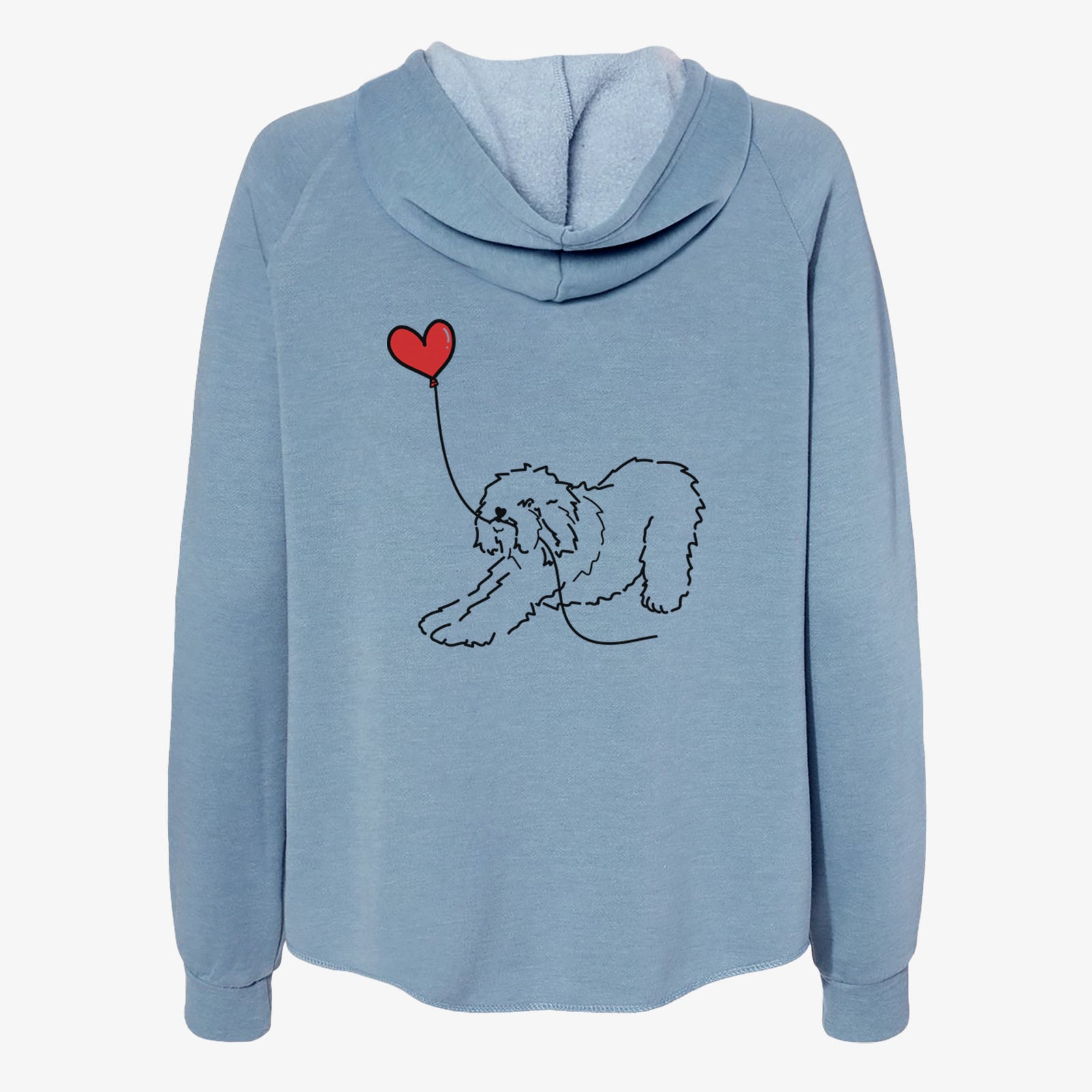 Minimalist line drawing of an Old English Sheepdog Heart String- Women's Cali Wave Zip-Up Sweatshirt holding a heart balloon on a Misty Blue Cali Wave Zipup Sweatshirt