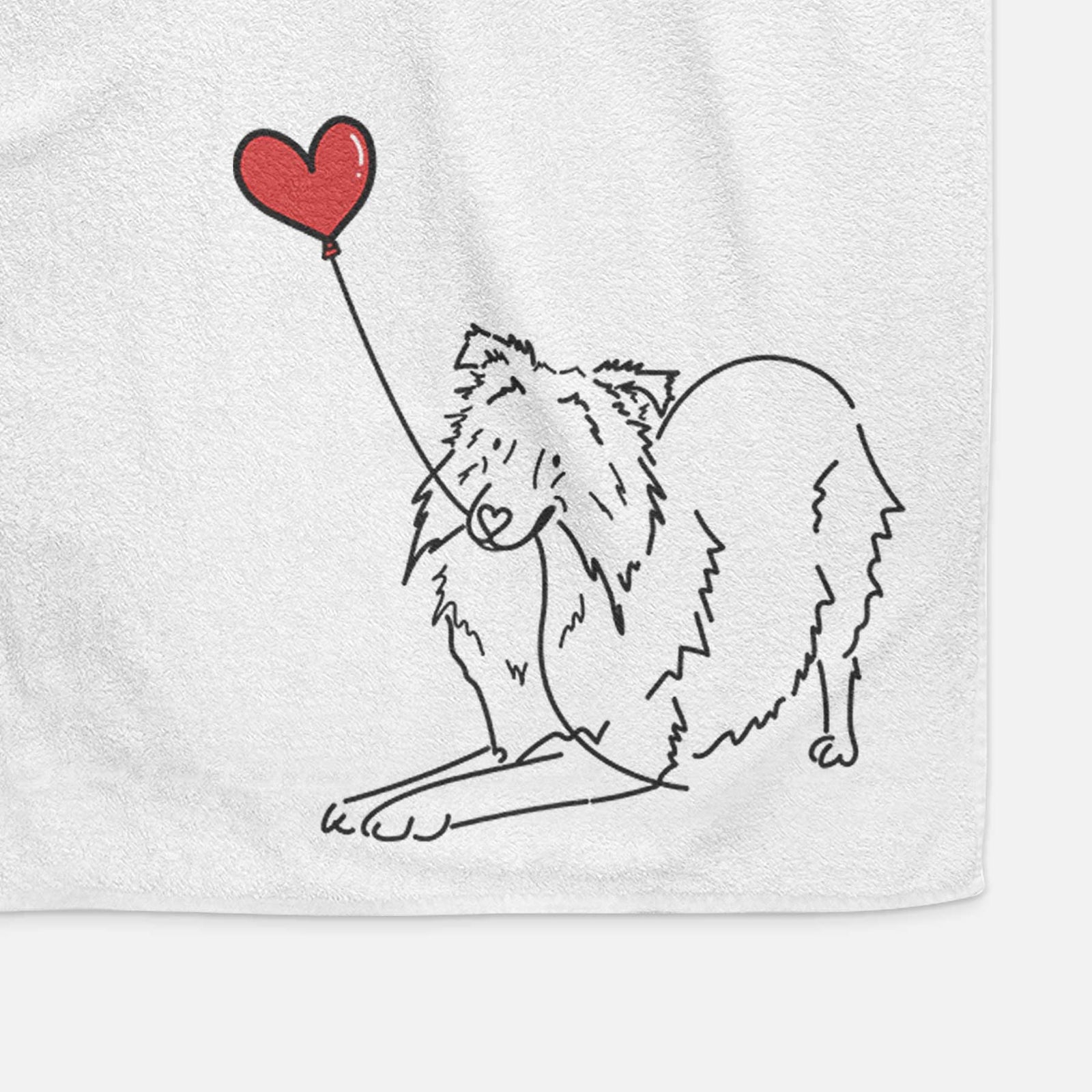 Minimalist line drawing of a Shetland Sheepdog Heart String holding a heart balloon on a decorative hand towel