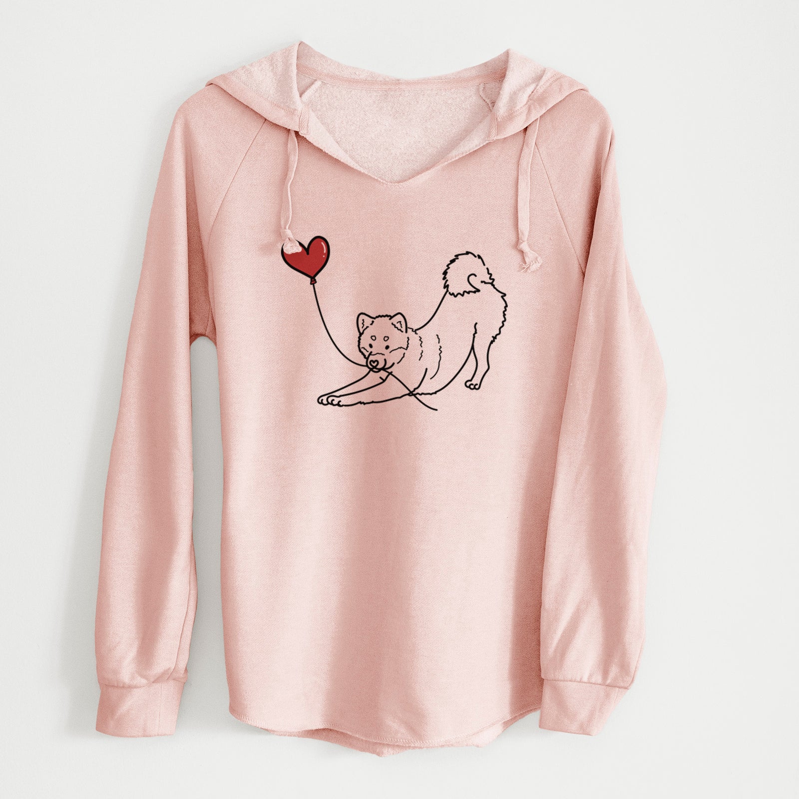 Minimalist line drawing of a Shiba Inu Heart String holding a heart balloon on a Blush Cali Wave Hooded Sweatshirt