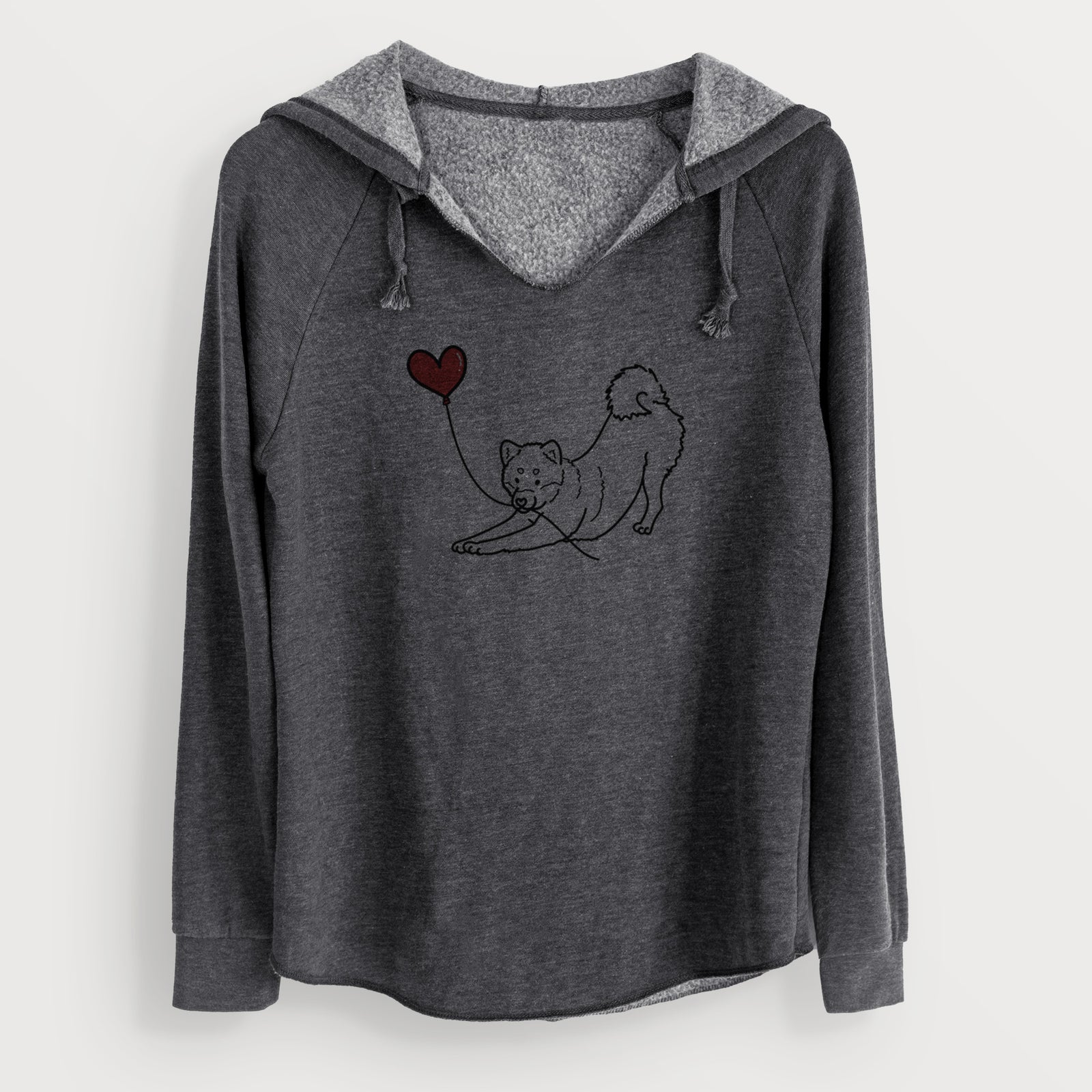 Minimalist line drawing of a Shiba Inu Heart String holding a heart balloon on a Charcoal Cali Wave Hooded Sweatshirt
