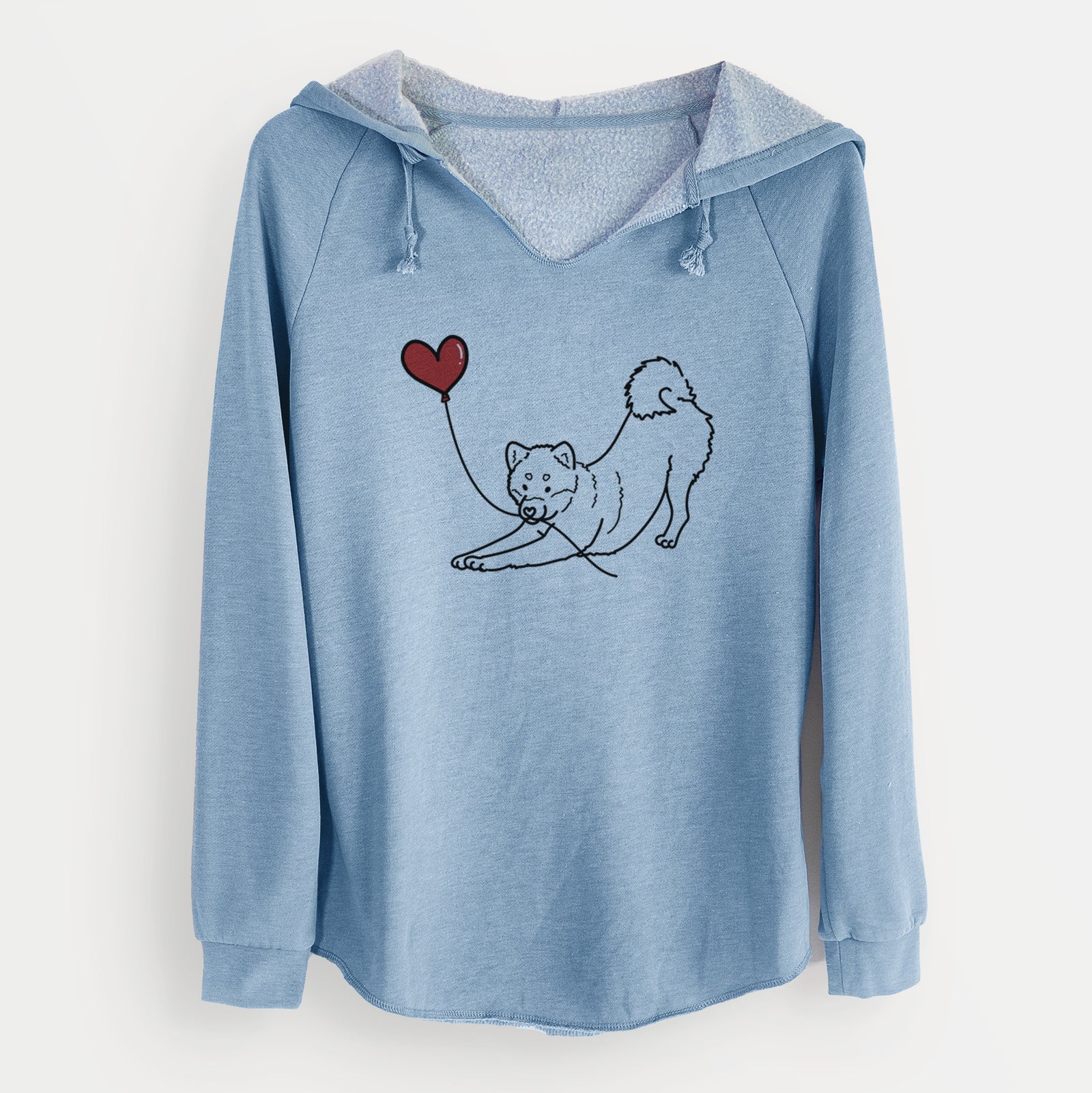 Minimalist line drawing of a Shiba Inu Heart String holding a heart balloon on a Misty Blue Cali Wave Hooded Sweatshirt