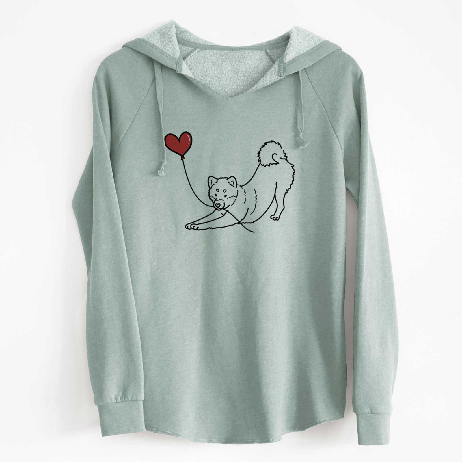 Minimalist line drawing of a Shiba Inu Heart String holding a heart balloon on a Sage Cali Wave Hooded Sweatshirt