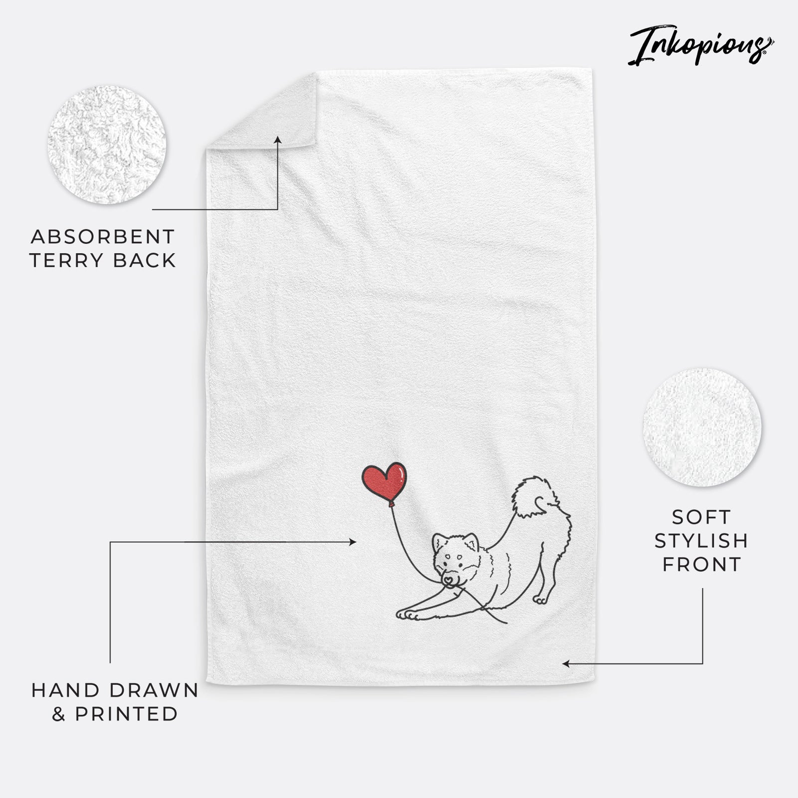 Minimalist line drawing of a Shiba Inu Heart String holding a heart balloon on a decorative hand towel