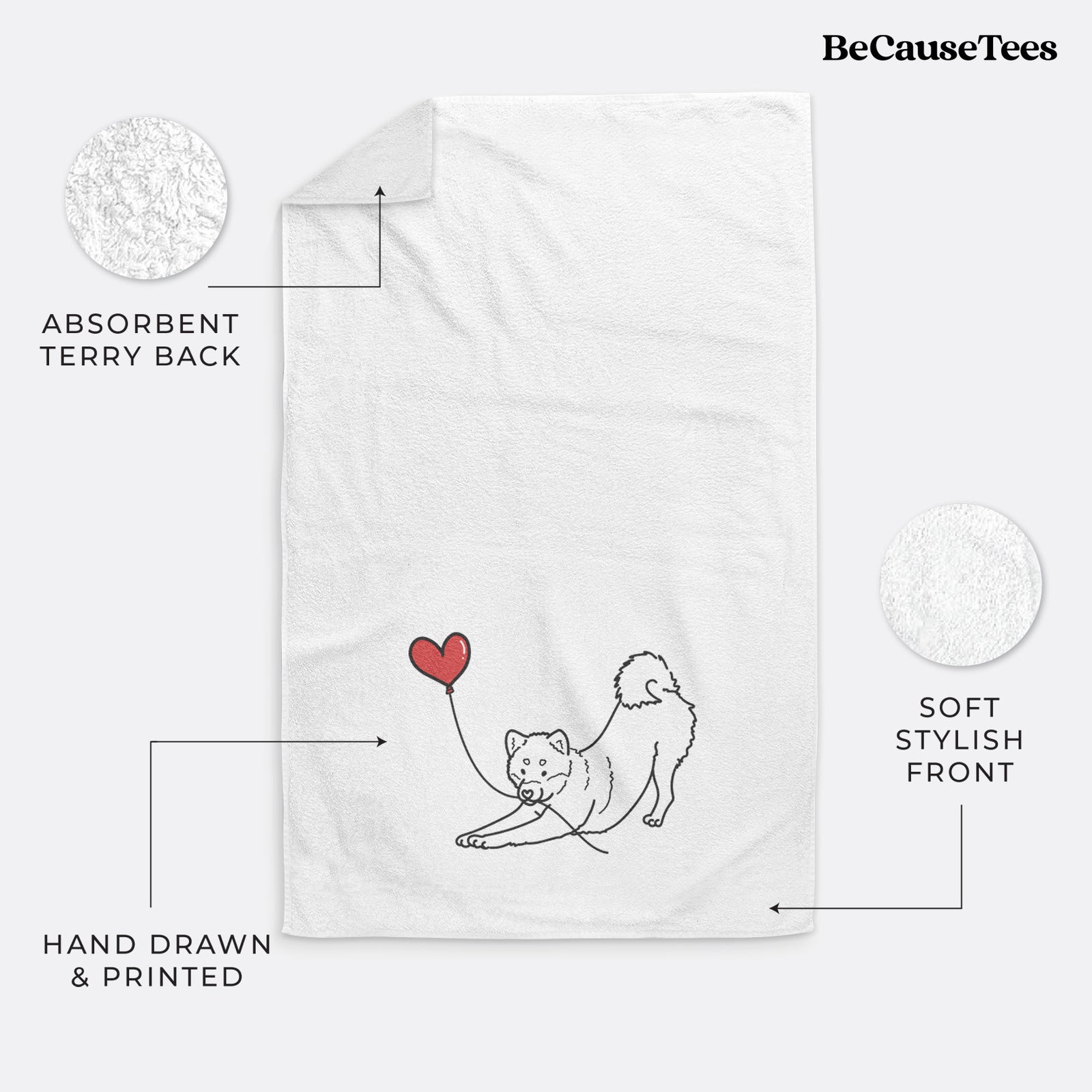 Minimalist line drawing of a Shiba Inu Heart String holding a heart balloon on a decorative hand towel
