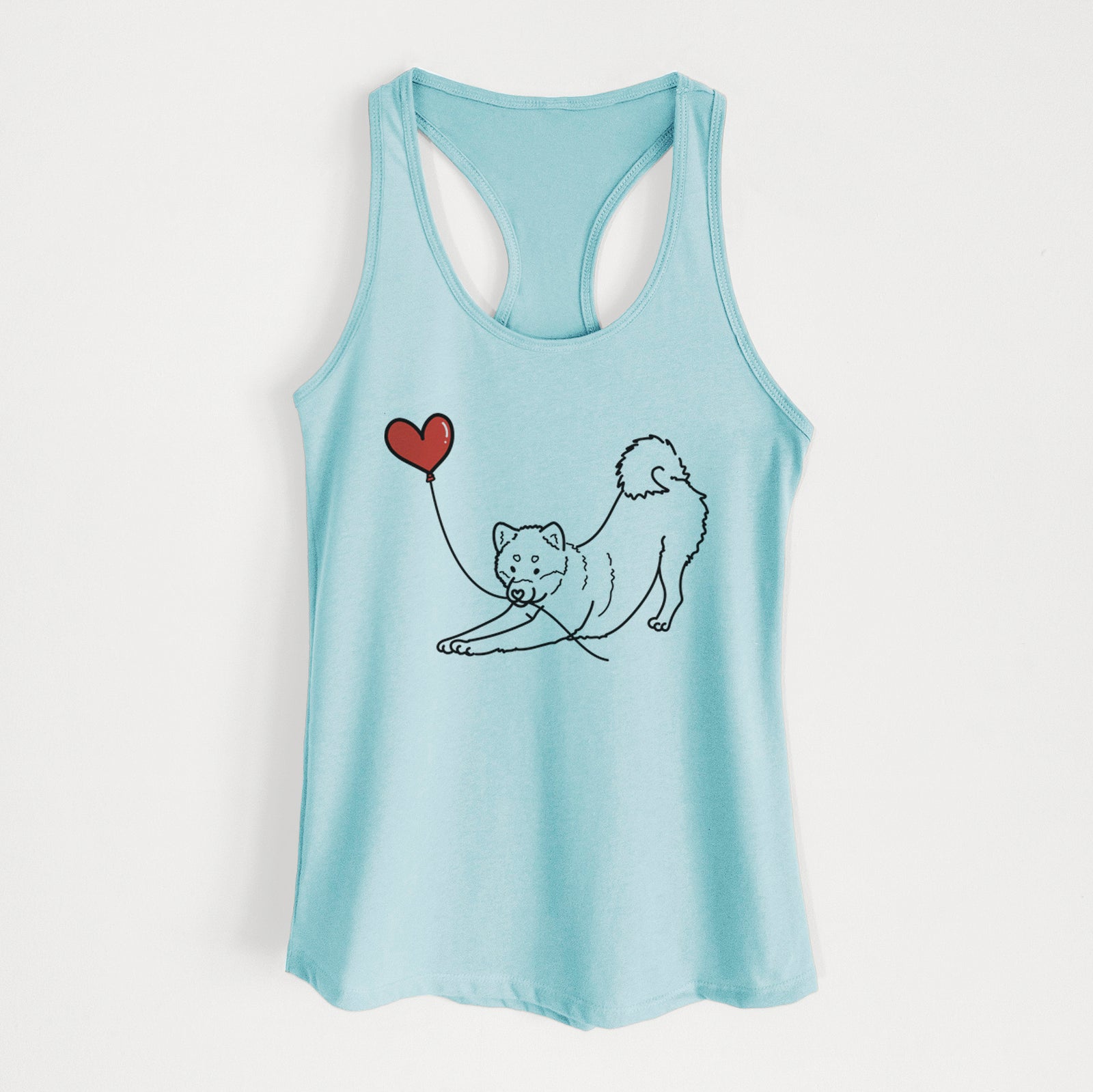 Minimalist line drawing of a Shiba Inu Heart String holding a heart balloon on a Cancun Blue Women's racerback tanktop