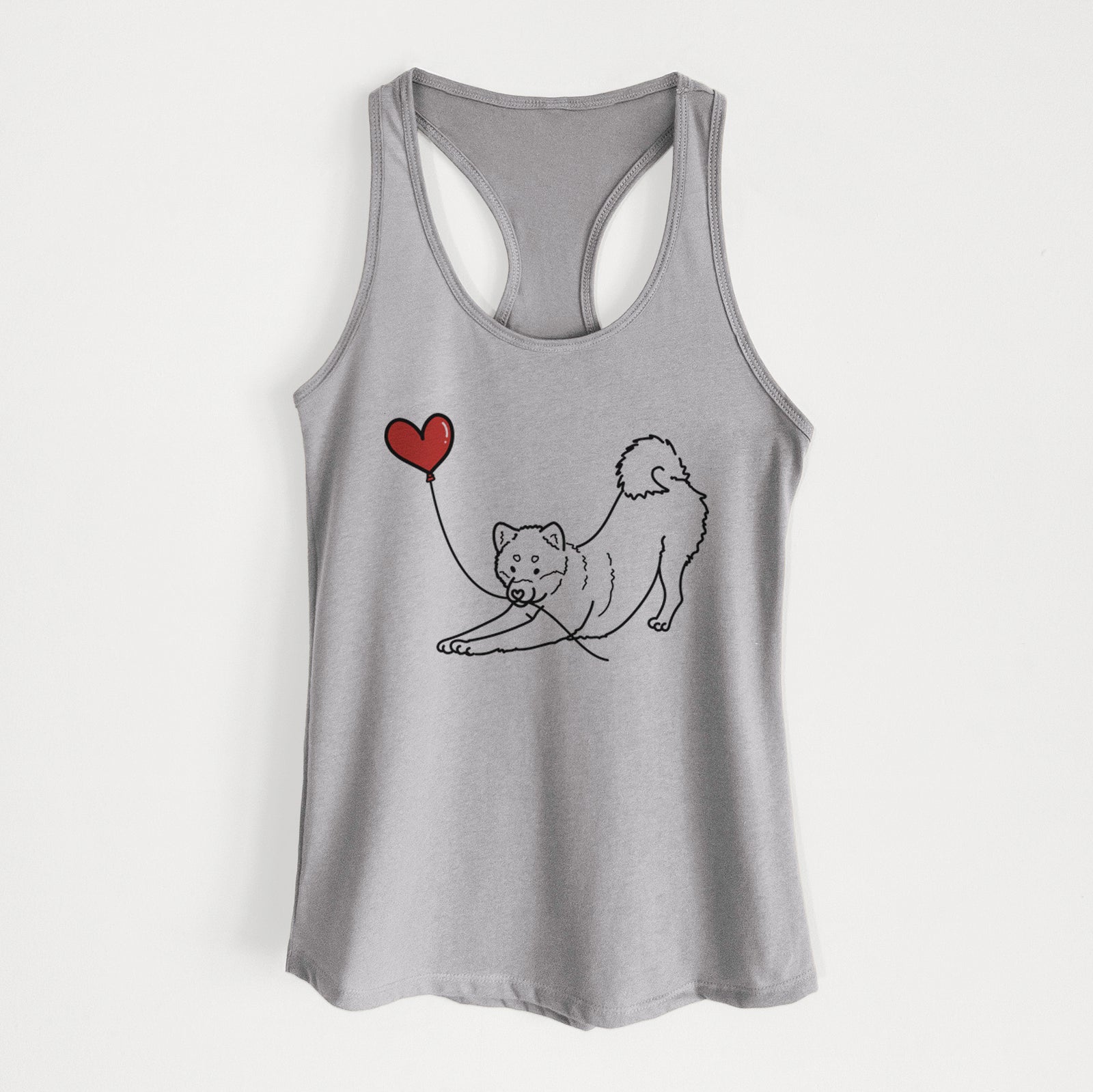 Minimalist line drawing of a Shiba Inu Heart String holding a heart balloon on a Heather Grey Women's racerback tanktop