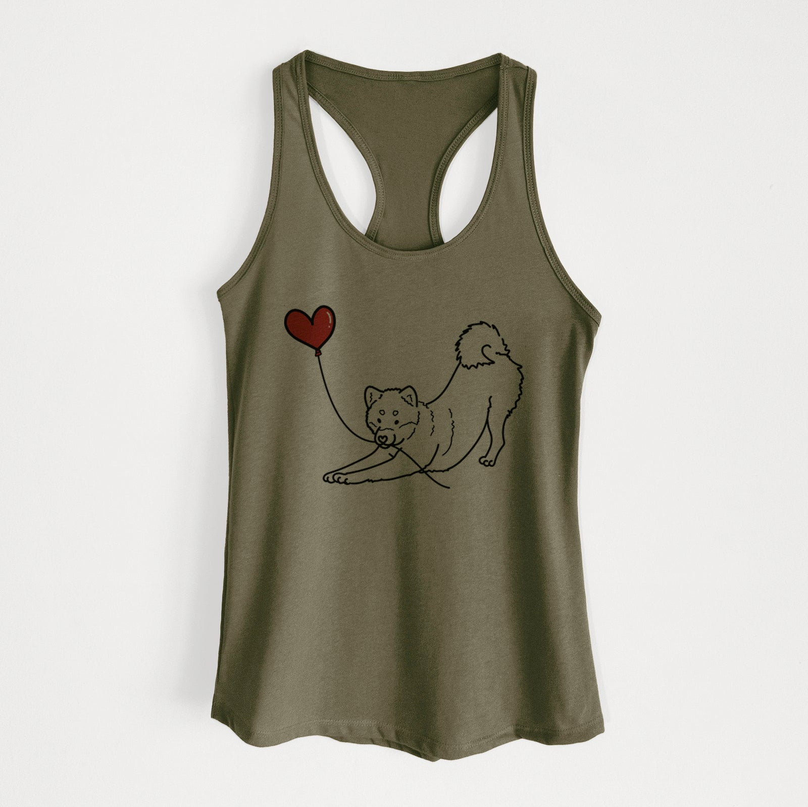Minimalist line drawing of a Shiba Inu Heart String holding a heart balloon on a Military Green Women's racerback tanktop
