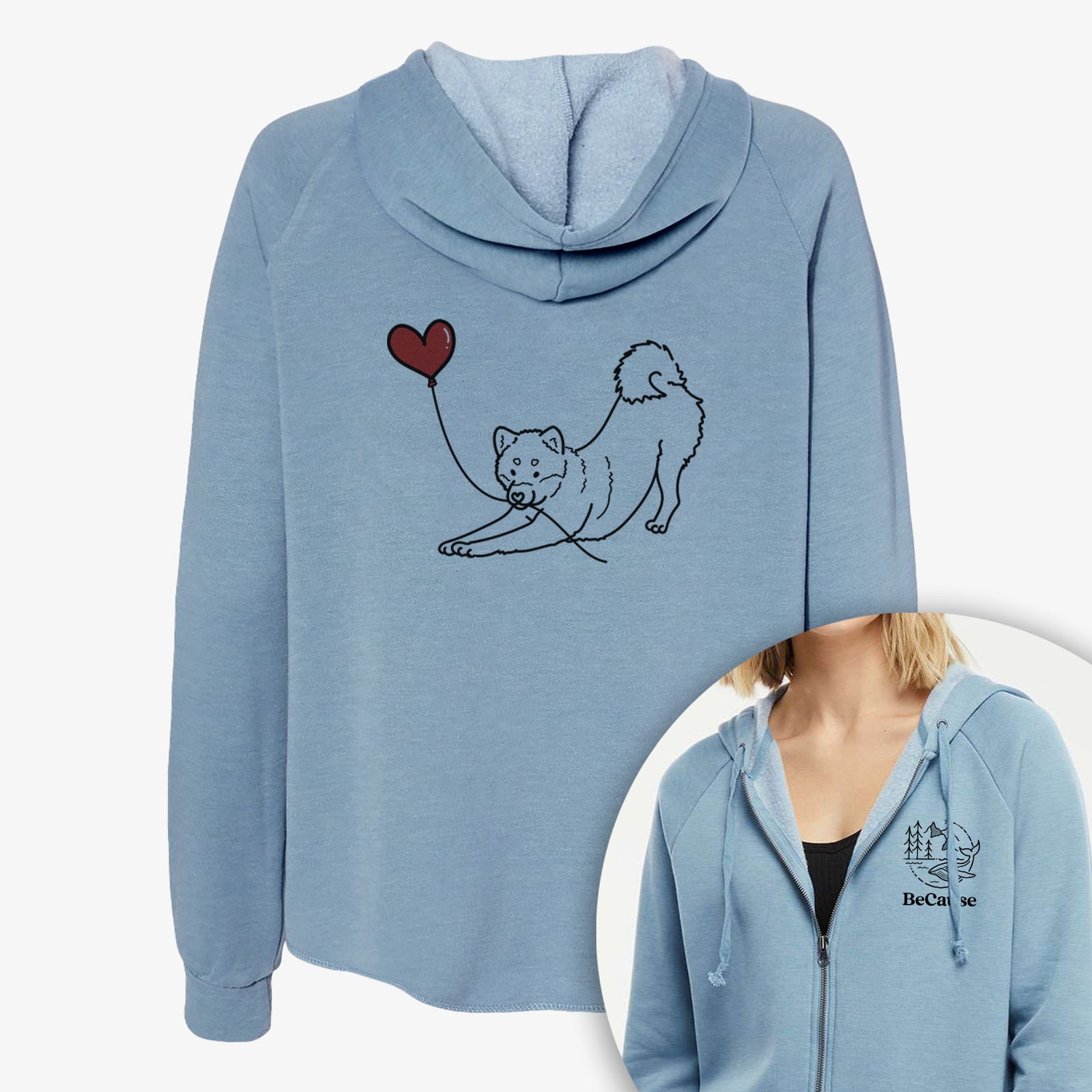 Minimalist line drawing of a Shiba Inu Heart String- Women's Cali Wave Zip-Up Sweatshirt holding a heart balloon on a Cali Wave Zipup Sweatshirt, shown with icons of the other available costume styles