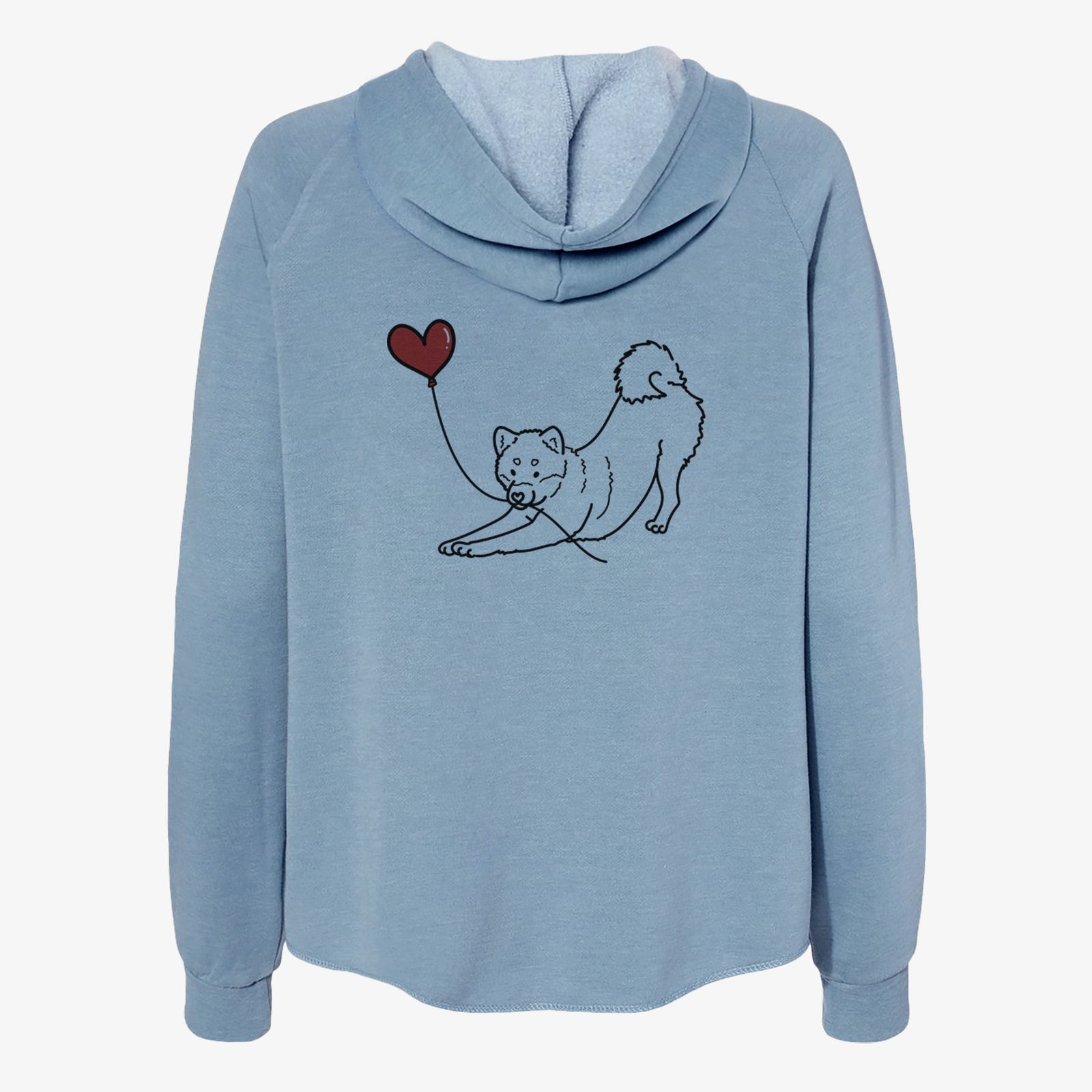 Minimalist line drawing of a Shiba Inu Heart String- Women's Cali Wave Zip-Up Sweatshirt holding a heart balloon on a Misty Blue Cali Wave Zipup Sweatshirt