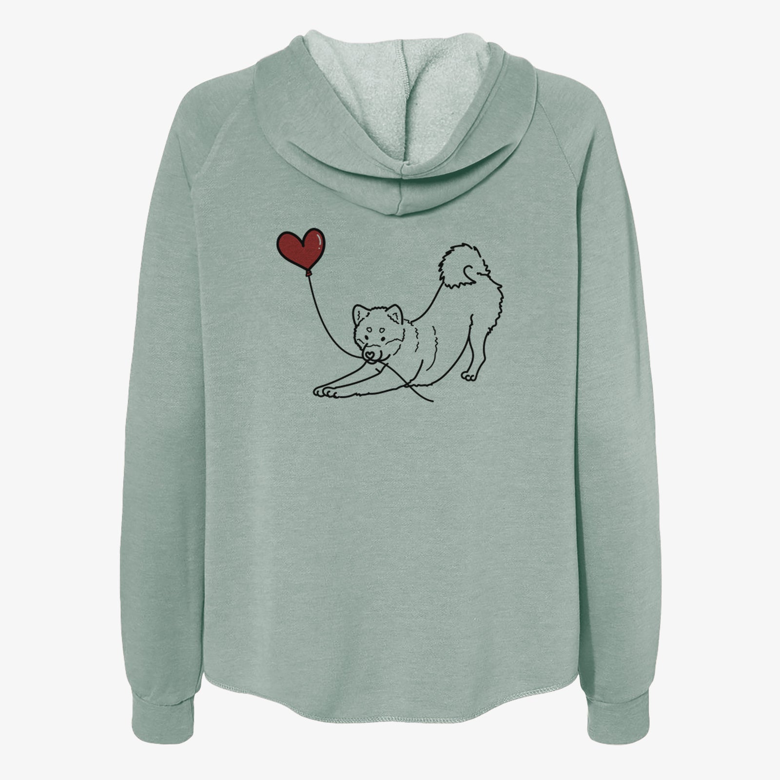 Minimalist line drawing of a Shiba Inu Heart String- Women's Cali Wave Zip-Up Sweatshirt holding a heart balloon on a Sage Cali Wave Zipup Sweatshirt