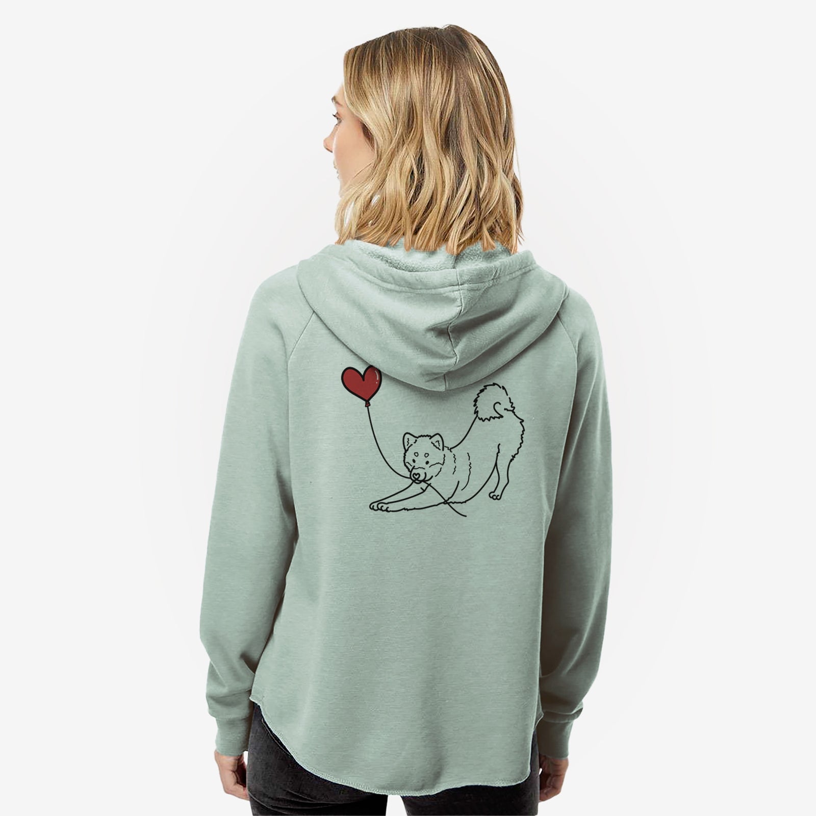 Minimalist line drawing of a Shiba Inu Heart String- Women's Cali Wave Zip-Up Sweatshirt holding a heart balloon on a Sage Cali Wave Zipup Sweatshirt