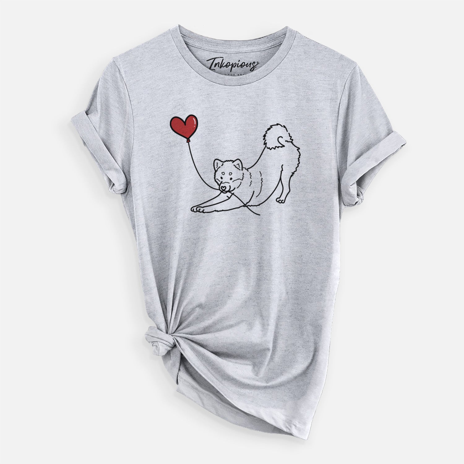 Minimalist line drawing of a Shiba Inu Heart String holding a heart balloon on a Grey Unisex crewneck