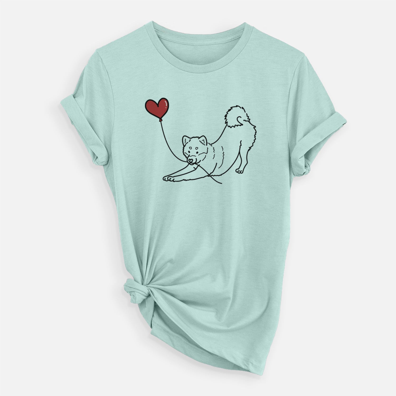 Minimalist line drawing of a Shiba Inu Heart String holding a heart balloon on a Heather Sage Unisex crewneck