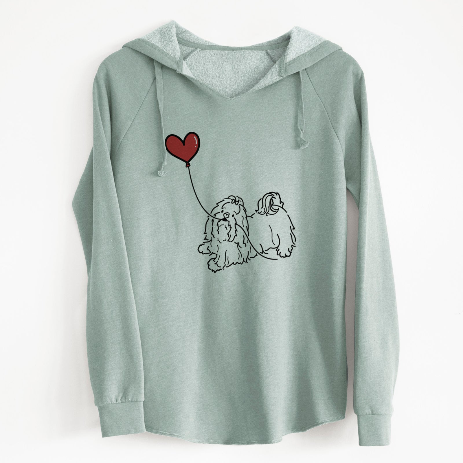 Minimalist line drawing of a Shih Tzu Heart String holding a heart balloon on a Sage Cali Wave Hooded Sweatshirt