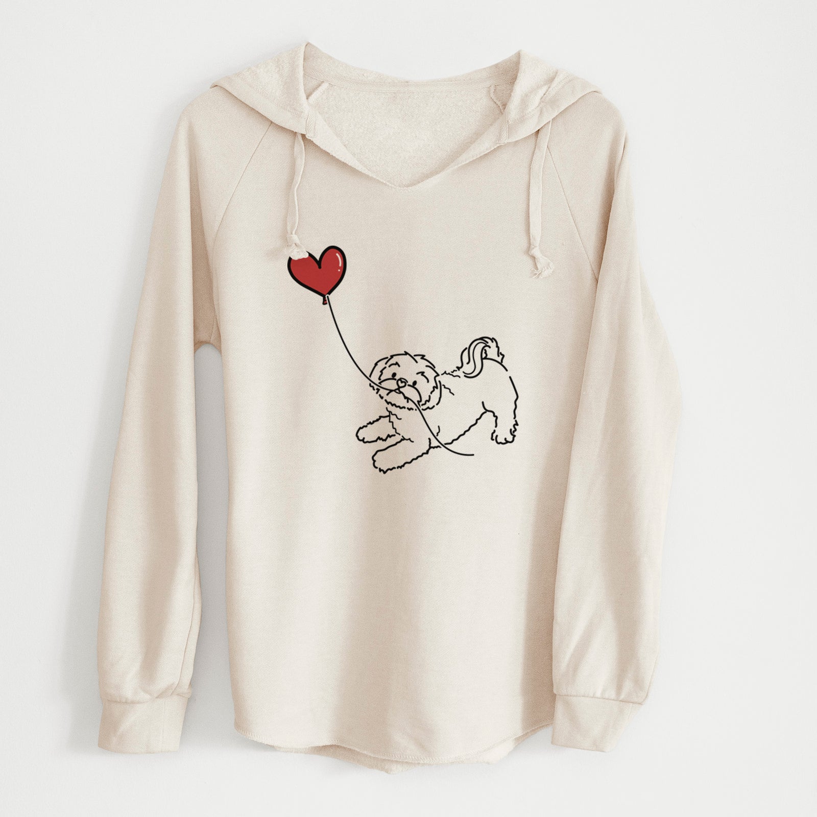 Minimalist line drawing of a Shih Tzu Puppy Cut Heart String holding a heart balloon on a Bone Cali Wave Hooded Sweatshirt