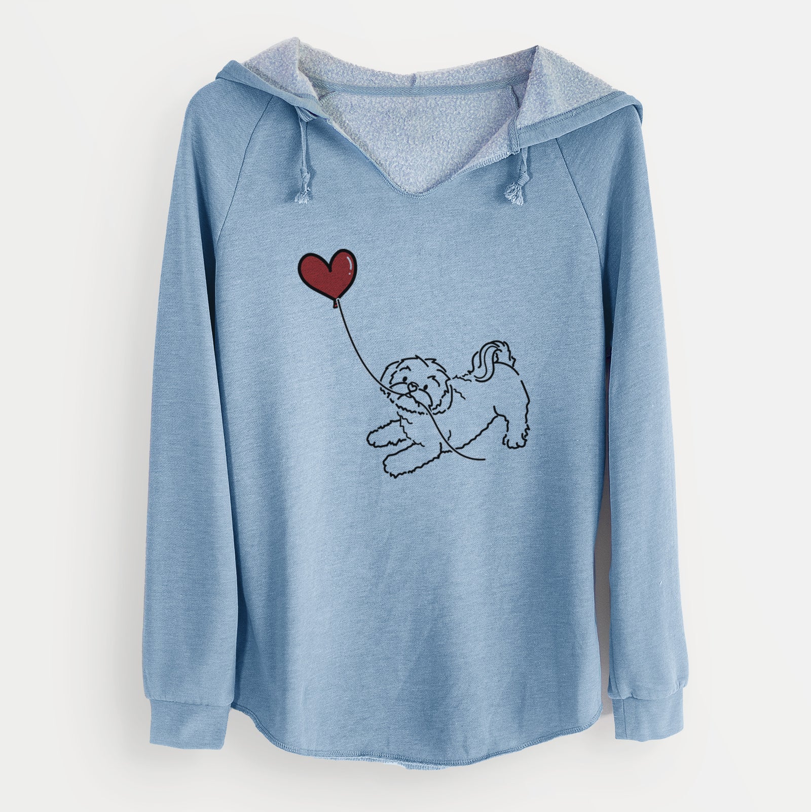 Minimalist line drawing of a Shih Tzu Puppy Cut Heart String holding a heart balloon on a Misty Blue Cali Wave Hooded Sweatshirt