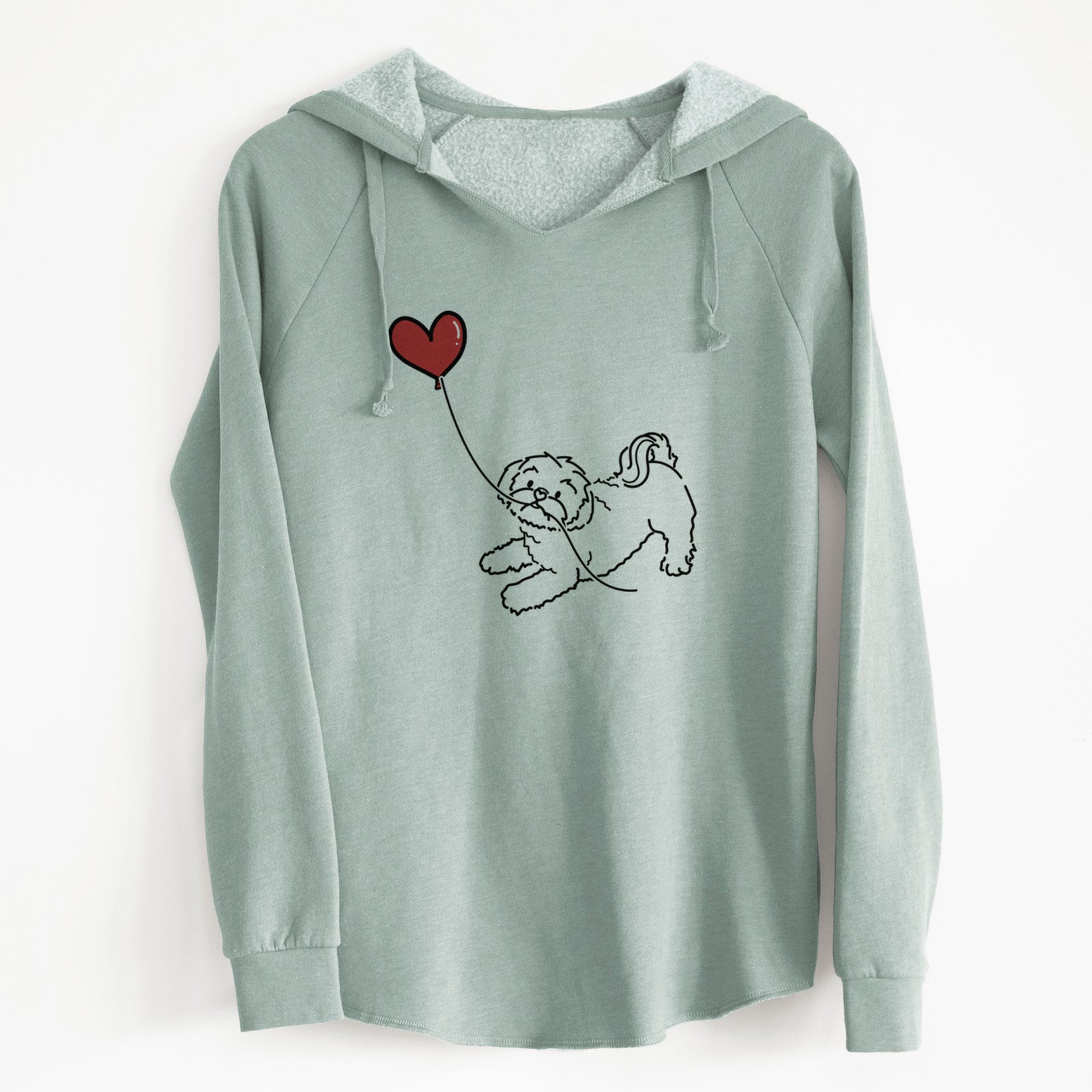 Minimalist line drawing of a Shih Tzu Puppy Cut Heart String holding a heart balloon on a Sage Cali Wave Hooded Sweatshirt