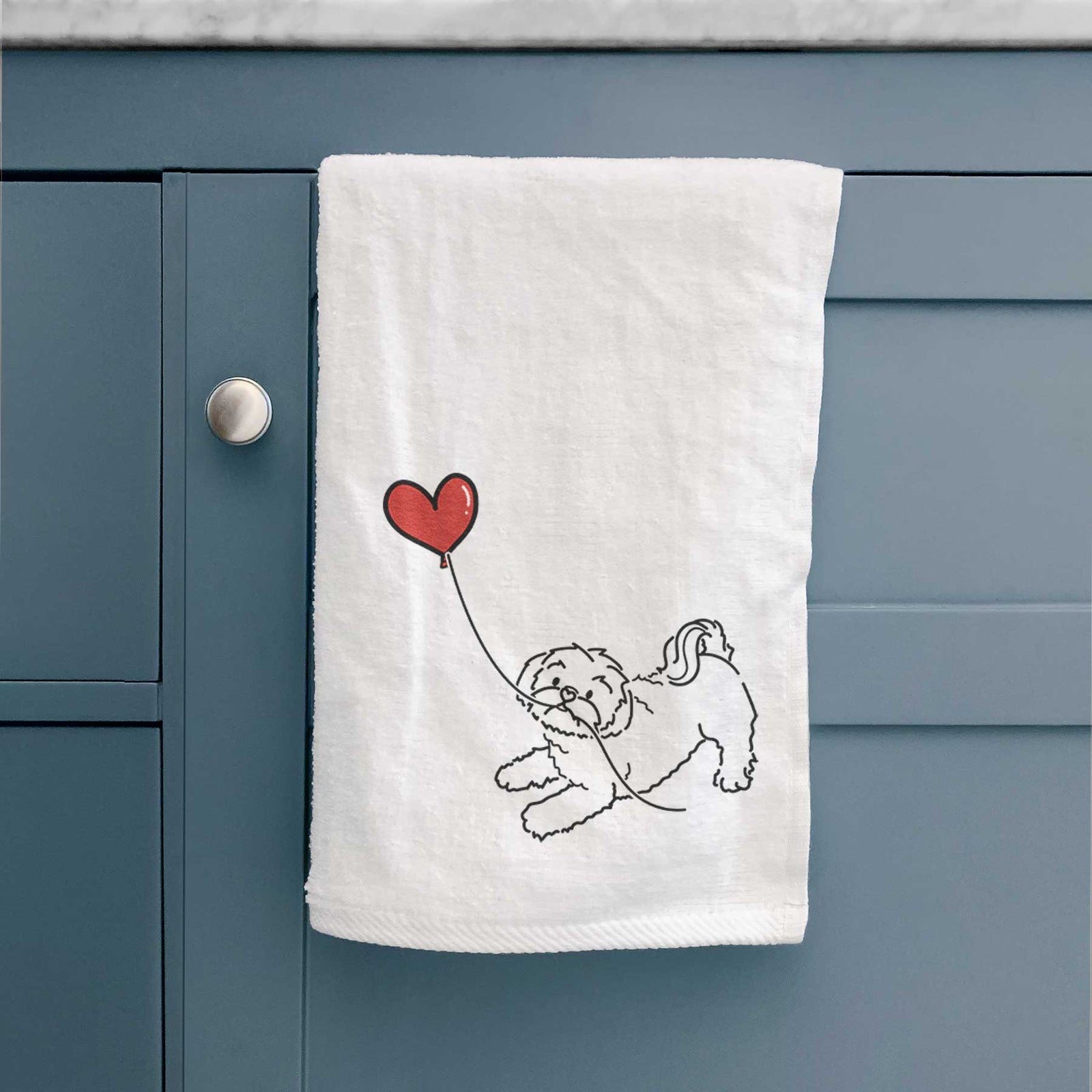 Minimalist line drawing of a Shih Tzu Puppy Cut Heart String holding a heart balloon on a decorative hand towel