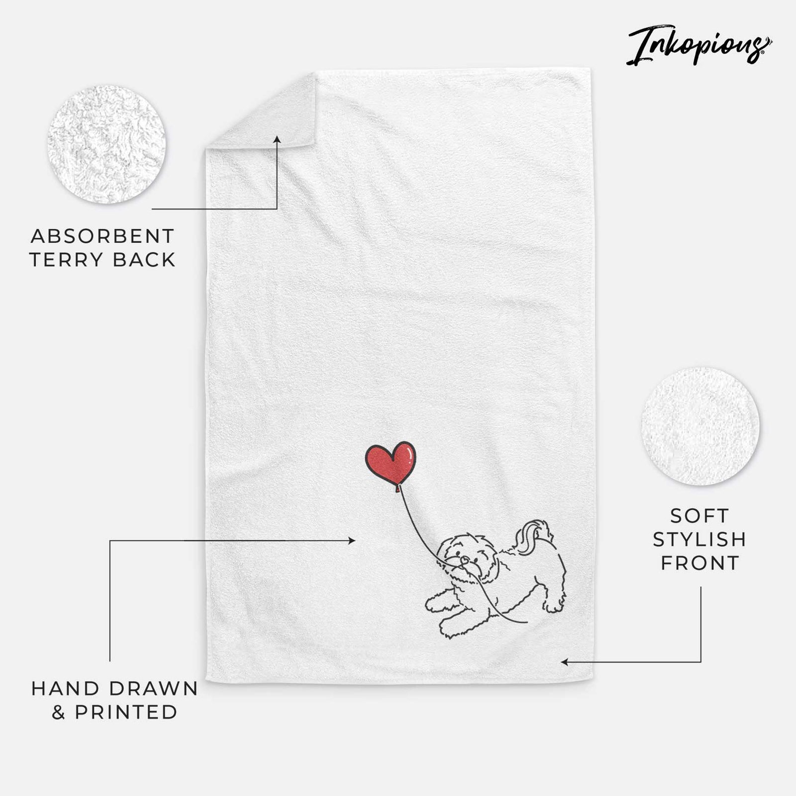 Minimalist line drawing of a Shih Tzu Puppy Cut Heart String holding a heart balloon on a decorative hand towel