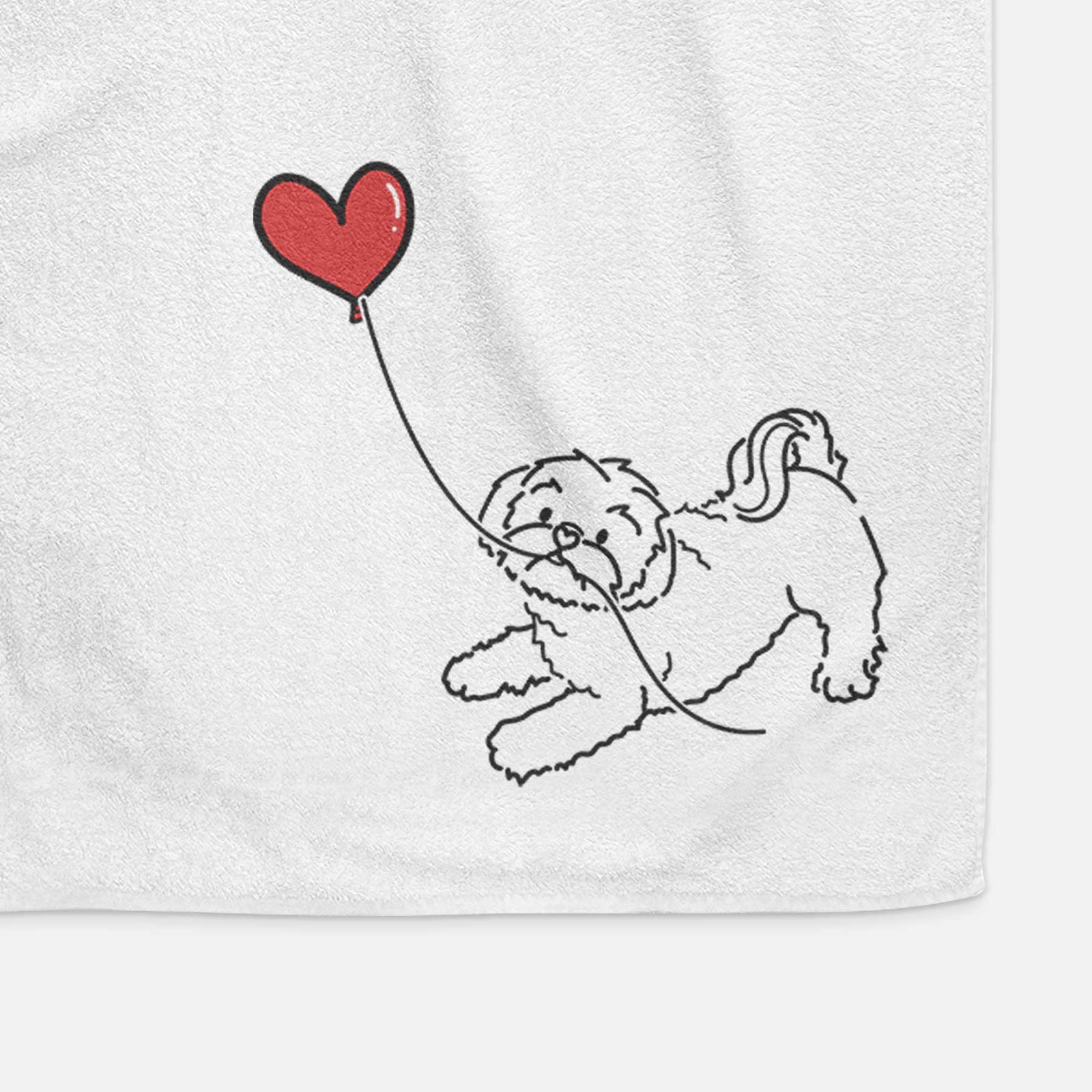 Minimalist line drawing of a Shih Tzu Puppy Cut Heart String holding a heart balloon on a decorative hand towel