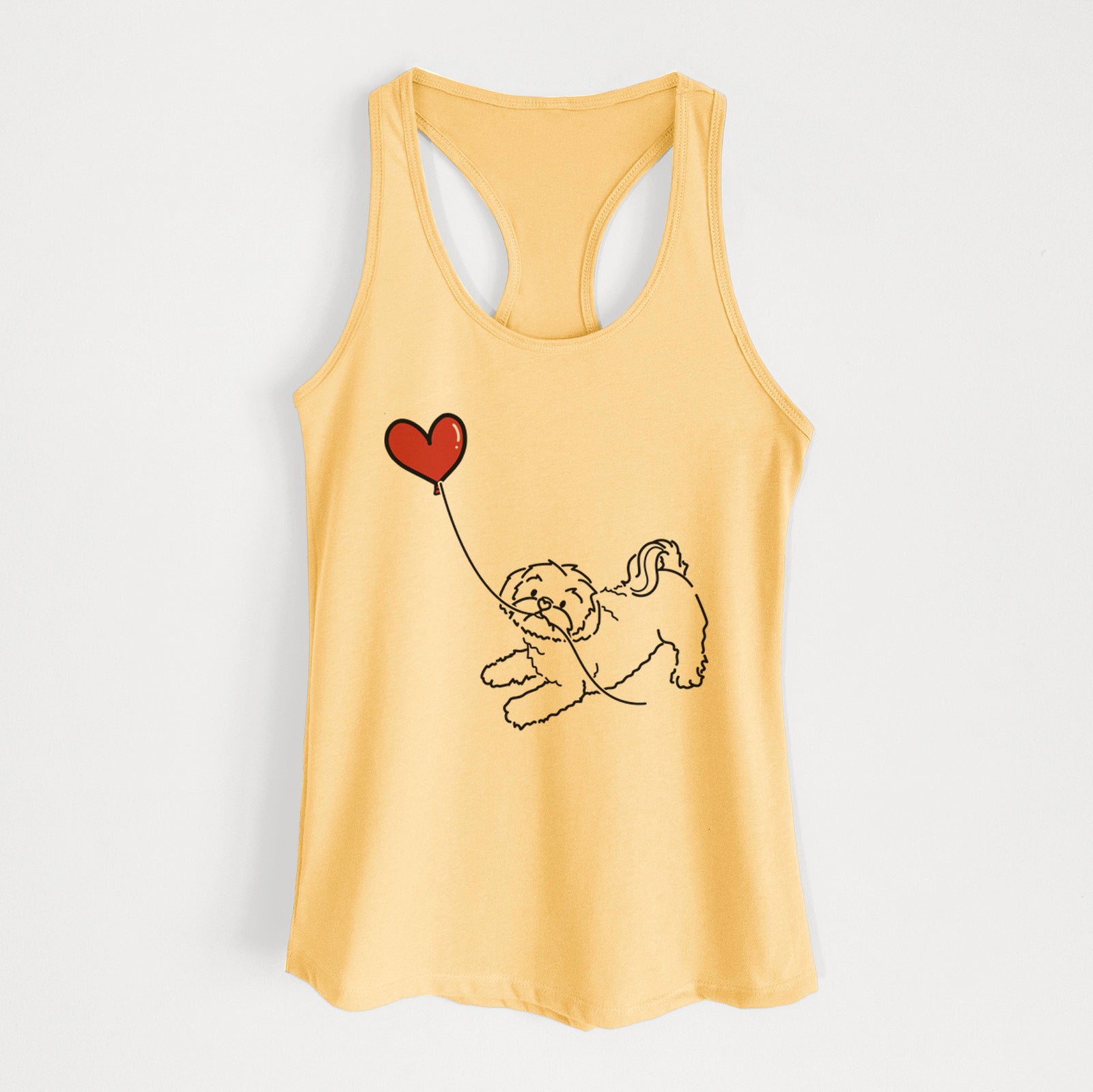 Minimalist line drawing of a Shih Tzu Puppy Cut Heart String holding a heart balloon on a Banana Cream Women's racerback tanktop