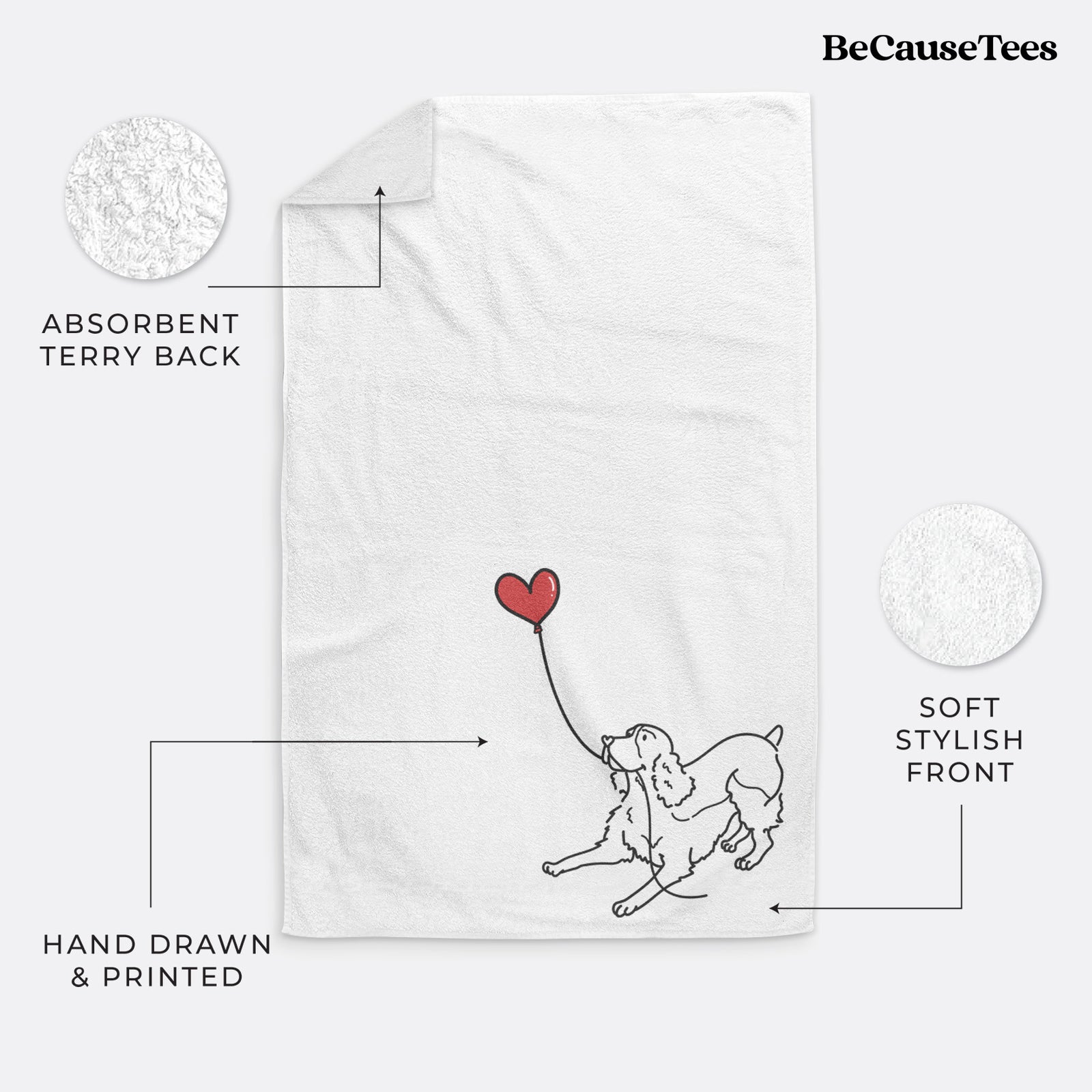 Minimalist line drawing of an English Springer Spaniel Heart String holding a heart balloon on a decorative hand towel