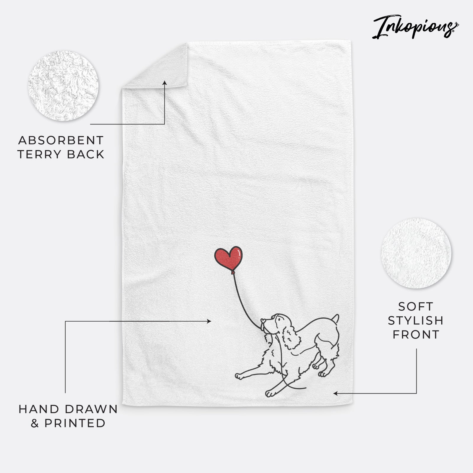 Minimalist line drawing of an English Springer Spaniel Heart String holding a heart balloon on a decorative hand towel