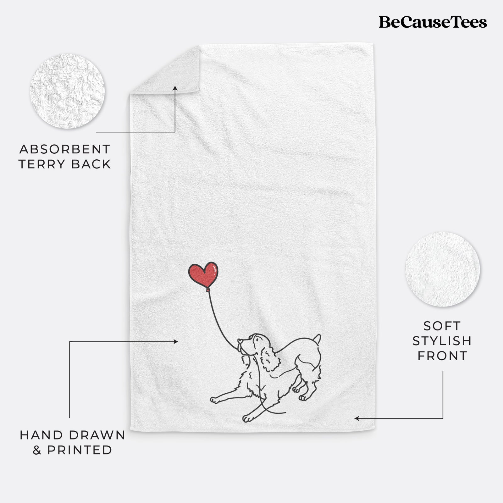 Minimalist line drawing of an English Springer Spaniel Heart String holding a heart balloon on a decorative hand towel
