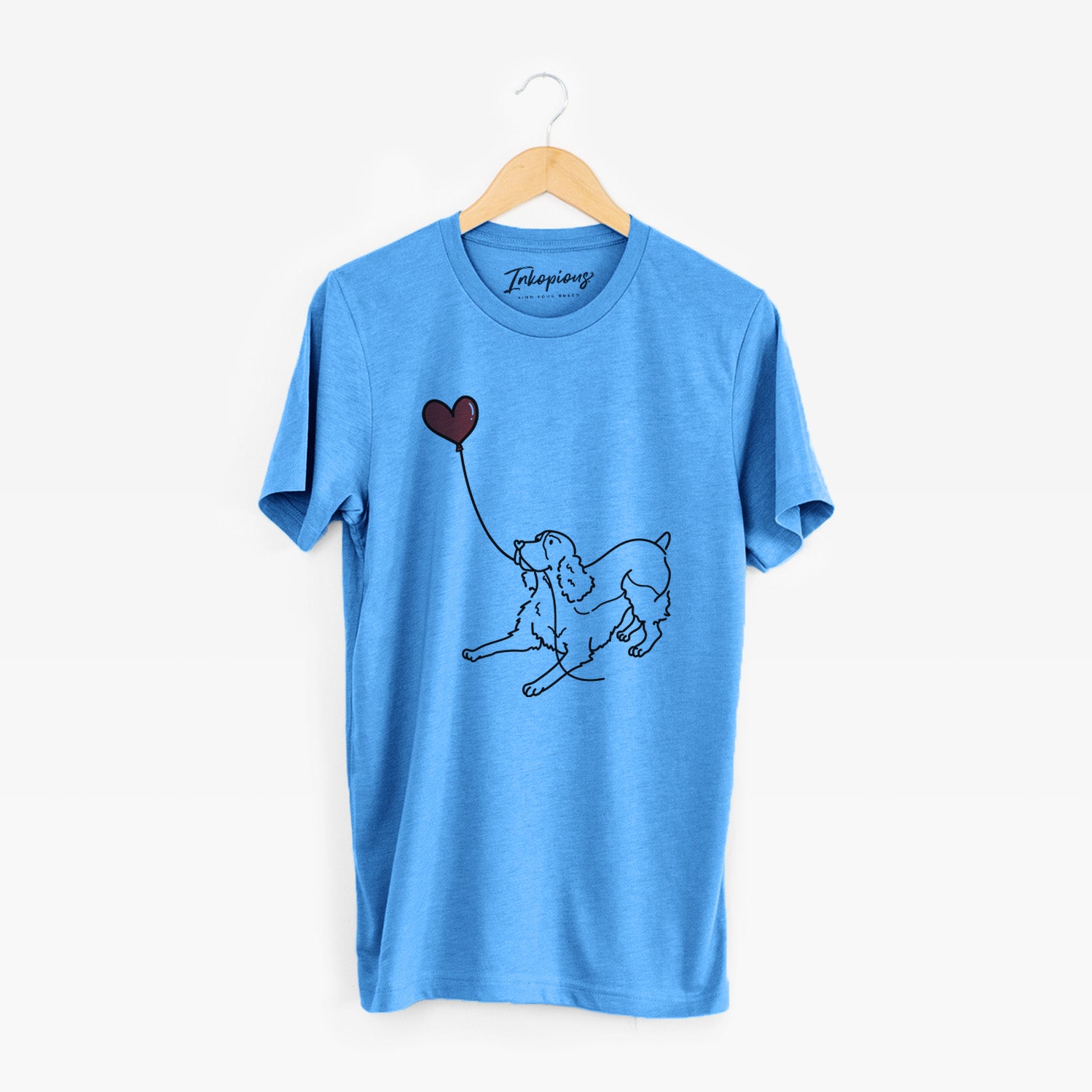 Minimalist line drawing of an English Springer Spaniel Heart String holding a heart balloon on a Blue Unisex crewneck