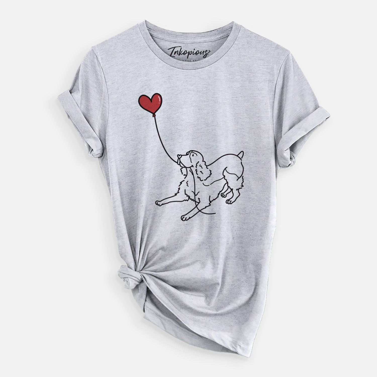 Minimalist line drawing of an English Springer Spaniel Heart String holding a heart balloon on a Grey Unisex crewneck