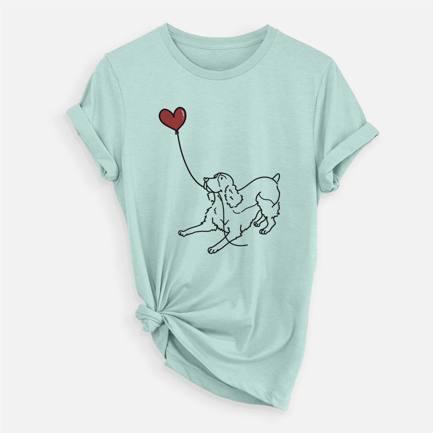 Minimalist line drawing of an English Springer Spaniel Heart String holding a heart balloon on a Heather Sage Unisex crewneck