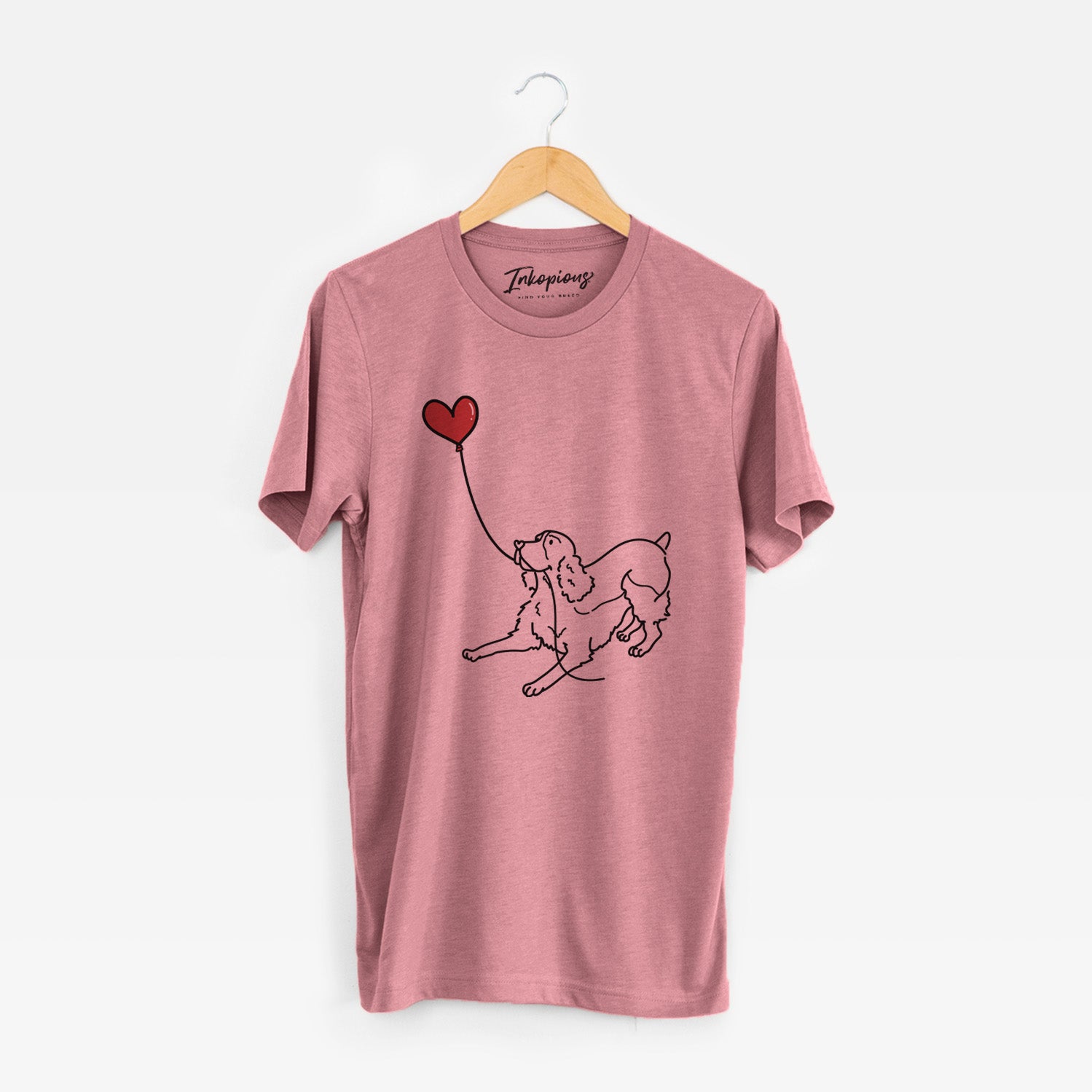 Minimalist line drawing of an English Springer Spaniel Heart String holding a heart balloon on a Mauve Unisex crewneck