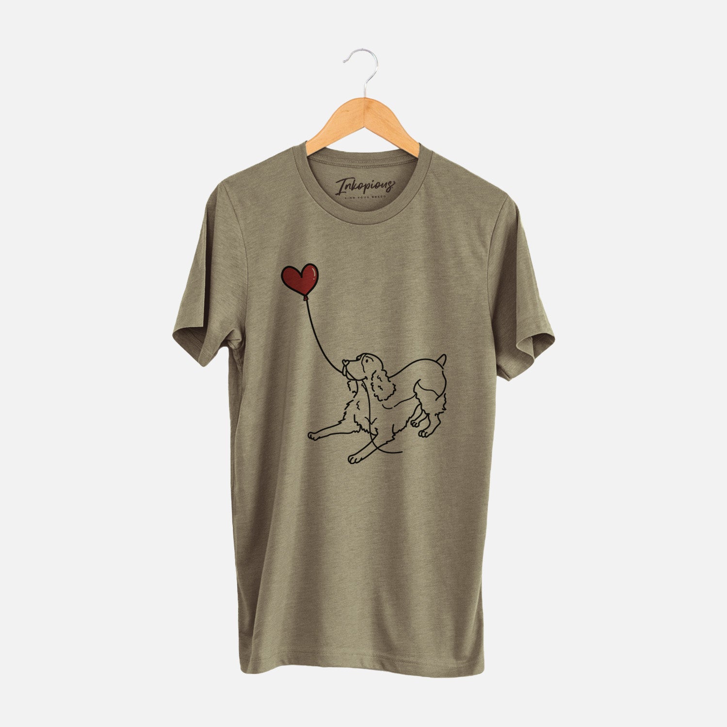 Minimalist line drawing of an English Springer Spaniel Heart String holding a heart balloon on an Olive Unisex crewneck