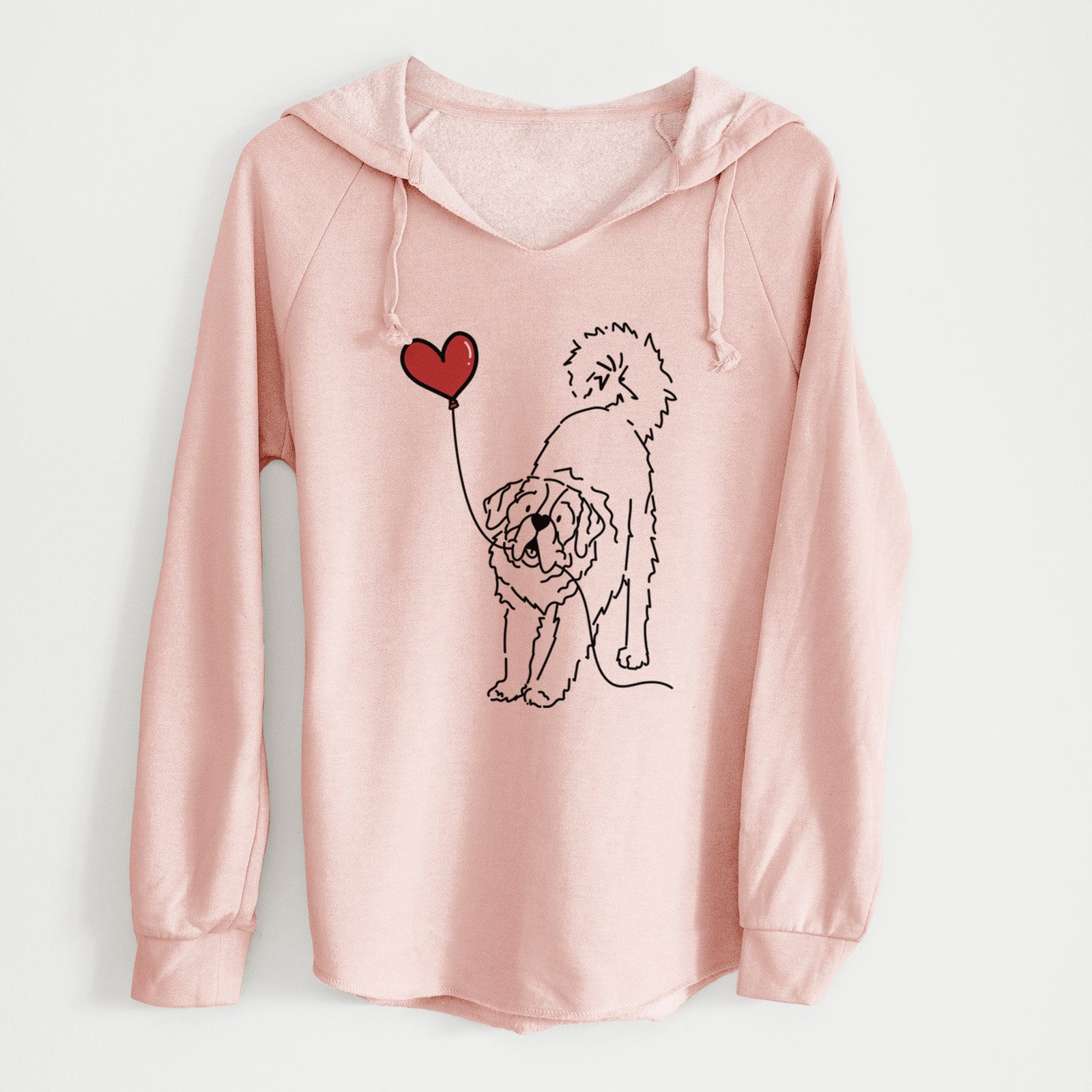 Minimalist line drawing of a Saint Bernard Heart String holding a heart balloon on a Blush Cali Wave Hooded Sweatshirt