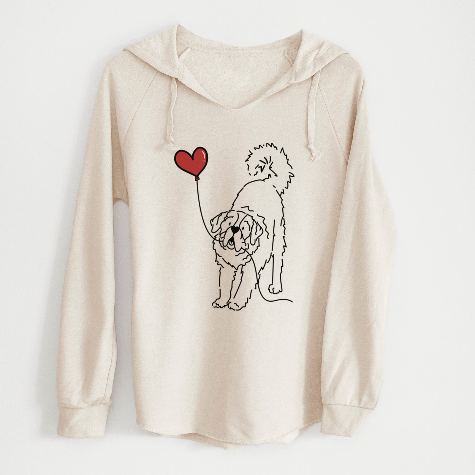 Minimalist line drawing of a Saint Bernard Heart String holding a heart balloon on a Bone Cali Wave Hooded Sweatshirt