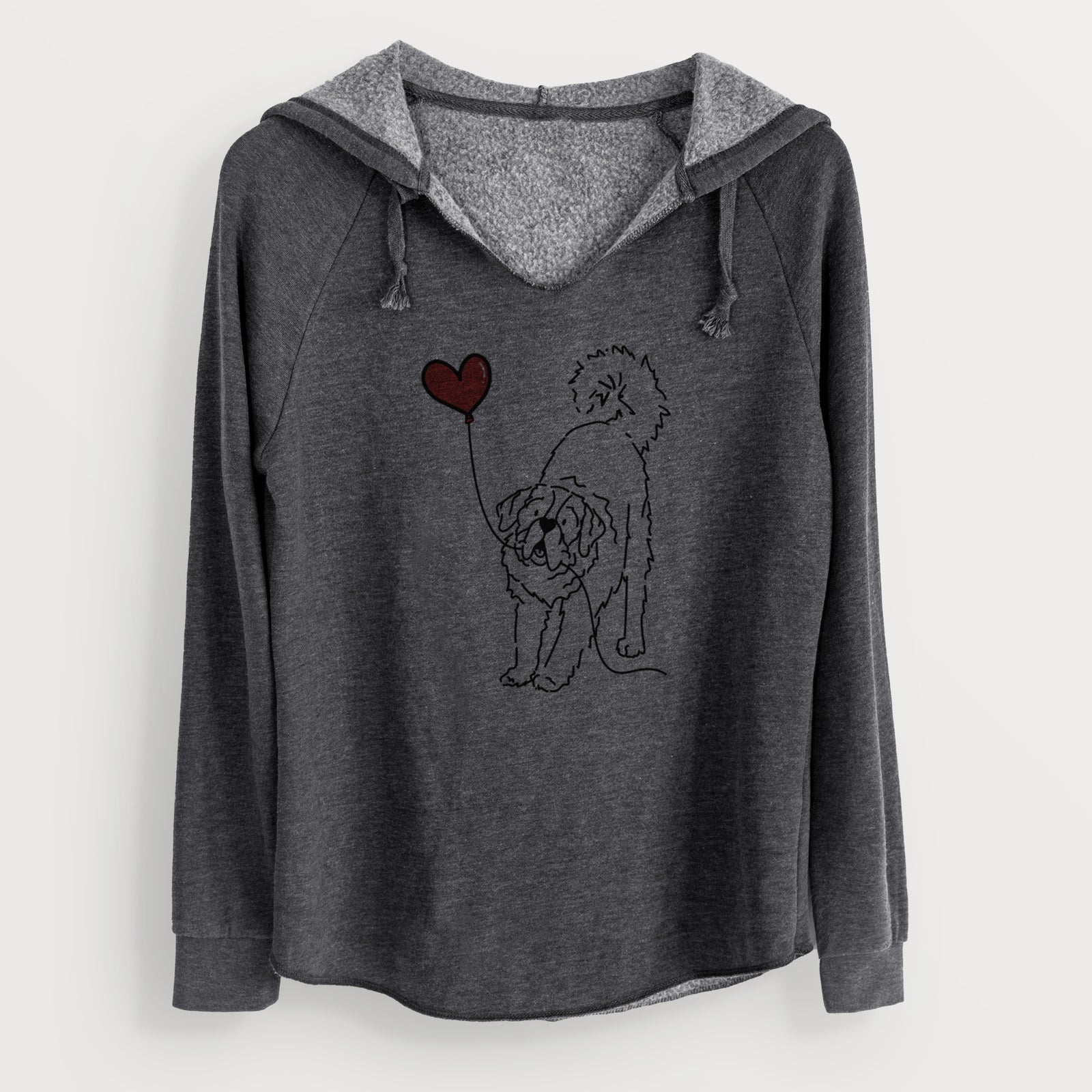 Minimalist line drawing of a Saint Bernard Heart String holding a heart balloon on a Charcoal Cali Wave Hooded Sweatshirt